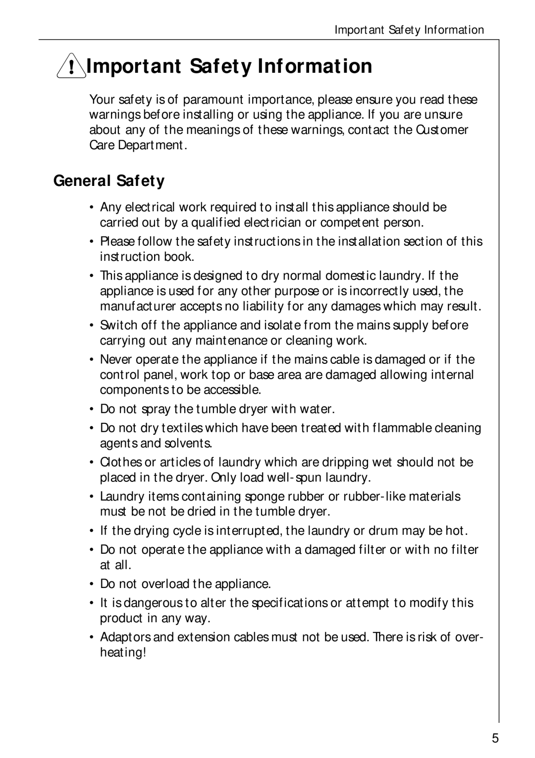 Electrolux 35600 installation instructions Important Safety Information, General Safety 