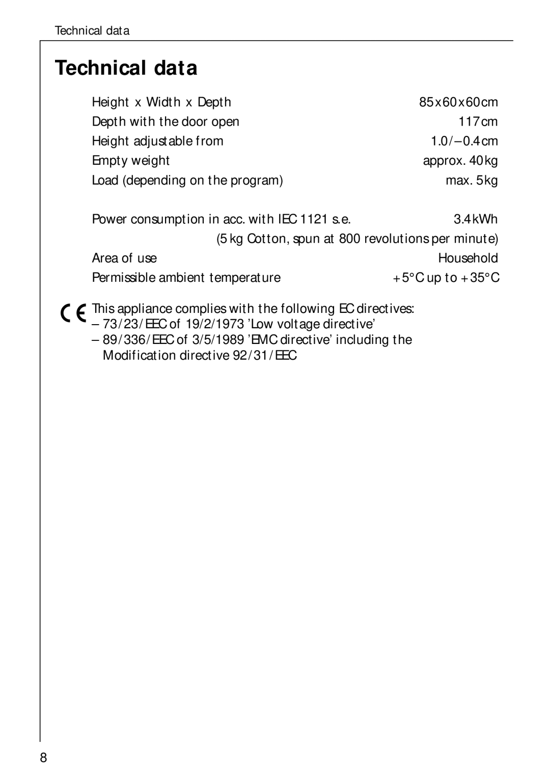 Electrolux 35600 installation instructions Technical data 