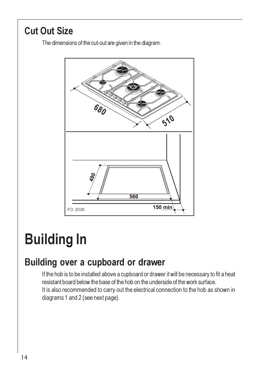 Electrolux 35772G manual Cut Out Size, Building over a cupboard or drawer 