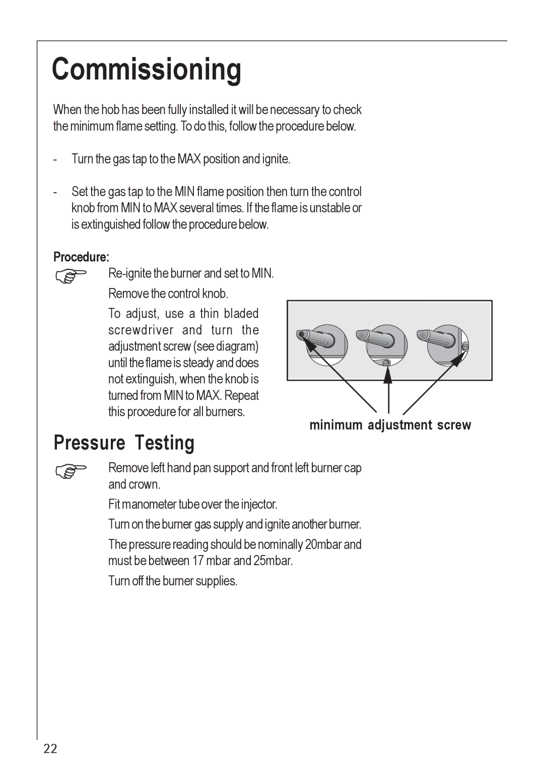 Electrolux 35772G manual Commissioning, Pressure Testing 