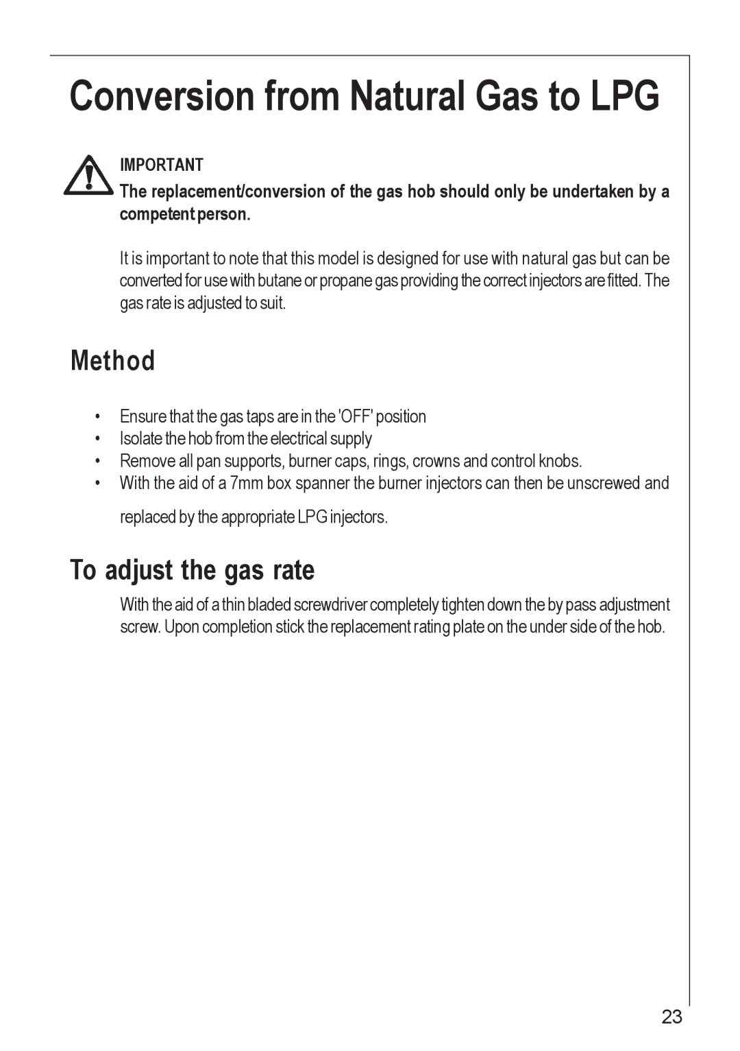 Electrolux 35772G manual Conversion from Natural Gas to LPG, Method, To adjust the gas rate 