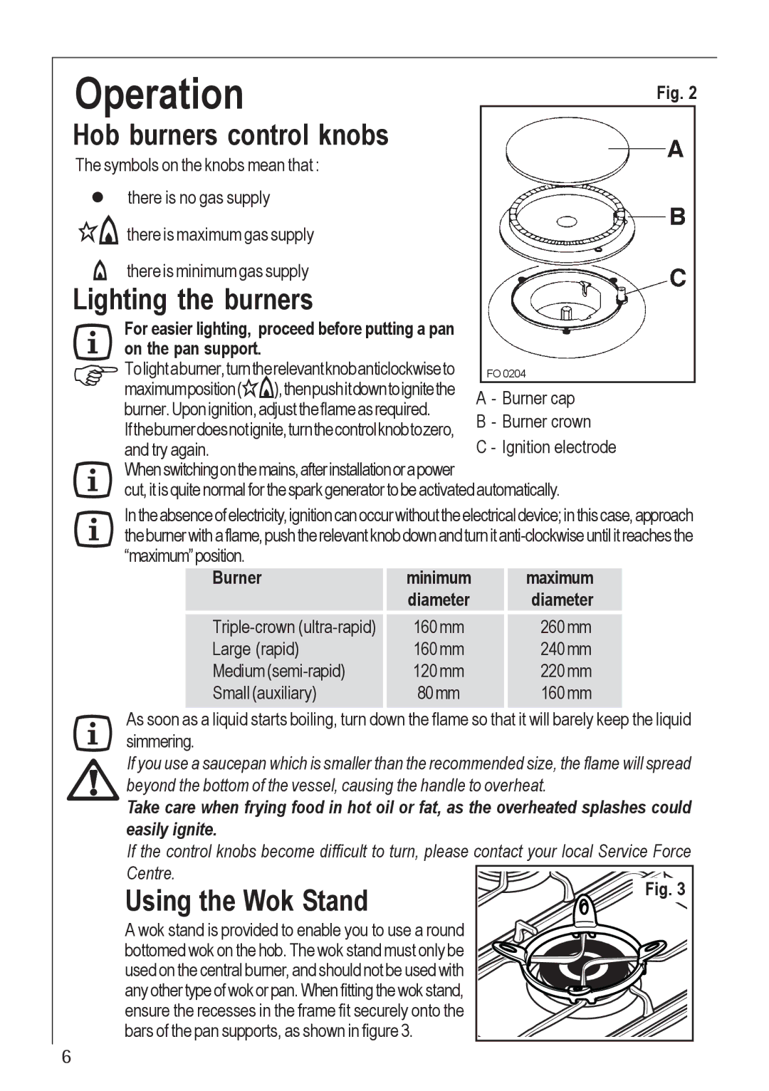 Electrolux 35772G manual Operation, Hob burners control knobs, Lighting the burners, Using the Wok Stand 