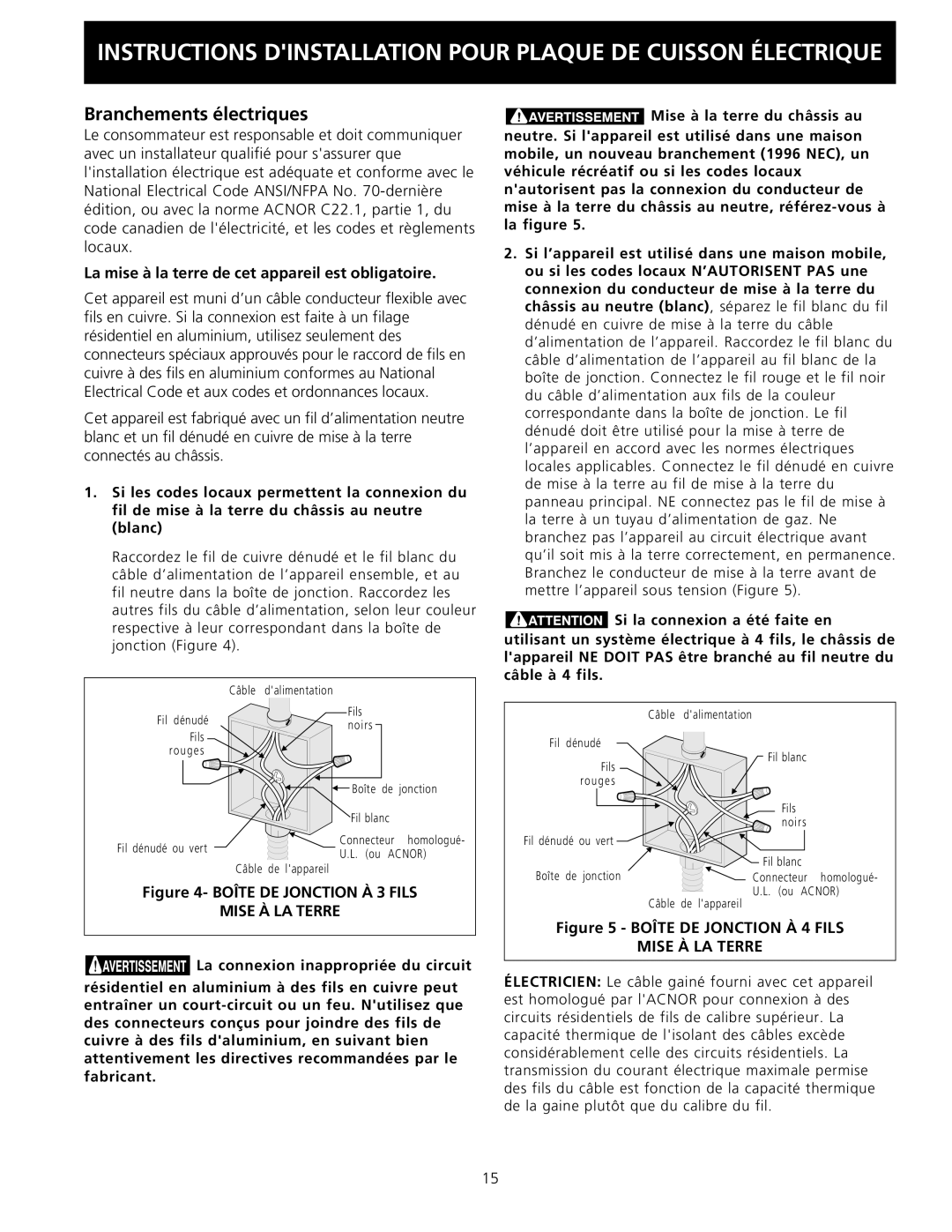 Electrolux 36 (91.4 cm) installation instructions Branchements électriques, Mise À LA Terre 