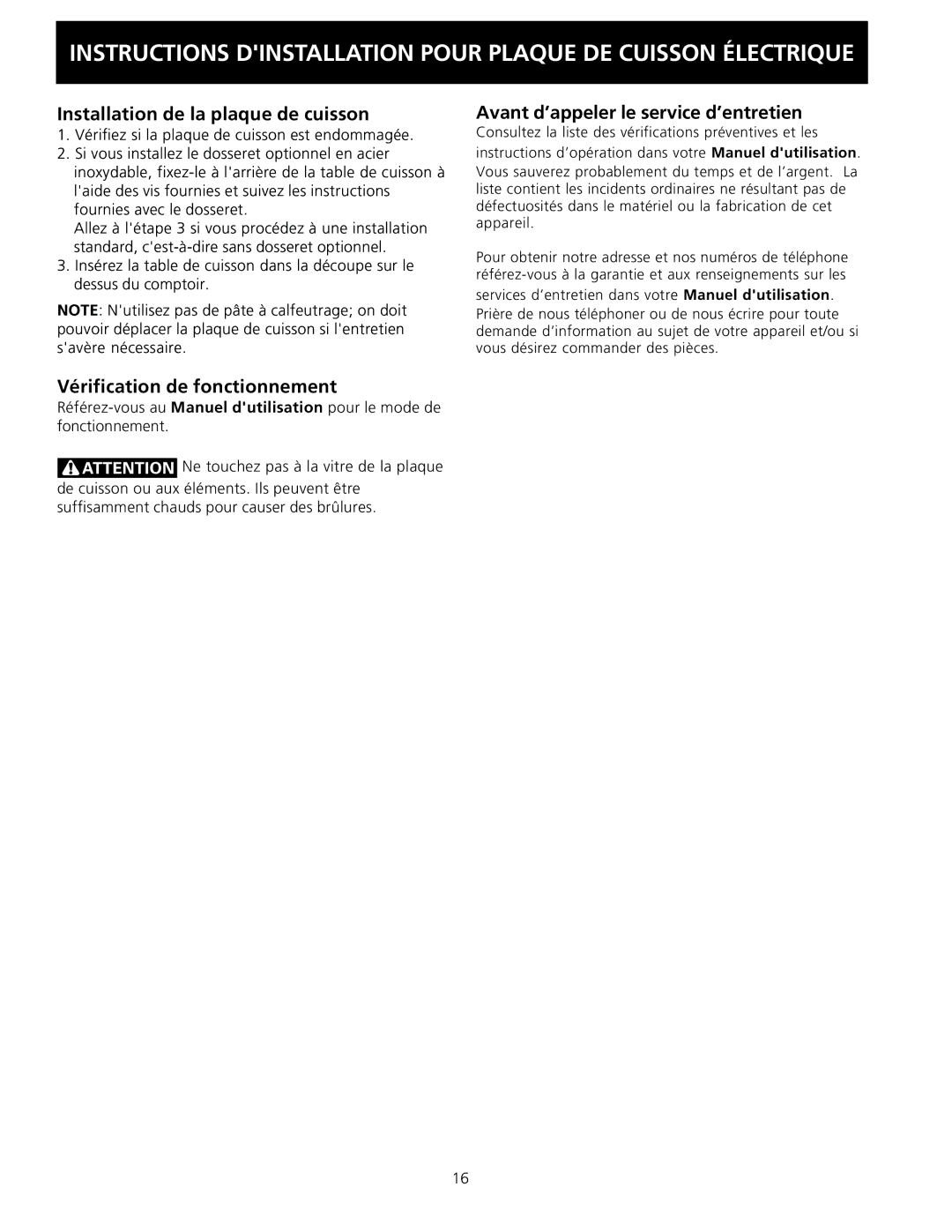 Electrolux 36 (91.4 cm) installation instructions Installation de la plaque de cuisson, Vérification de fonctionnement 