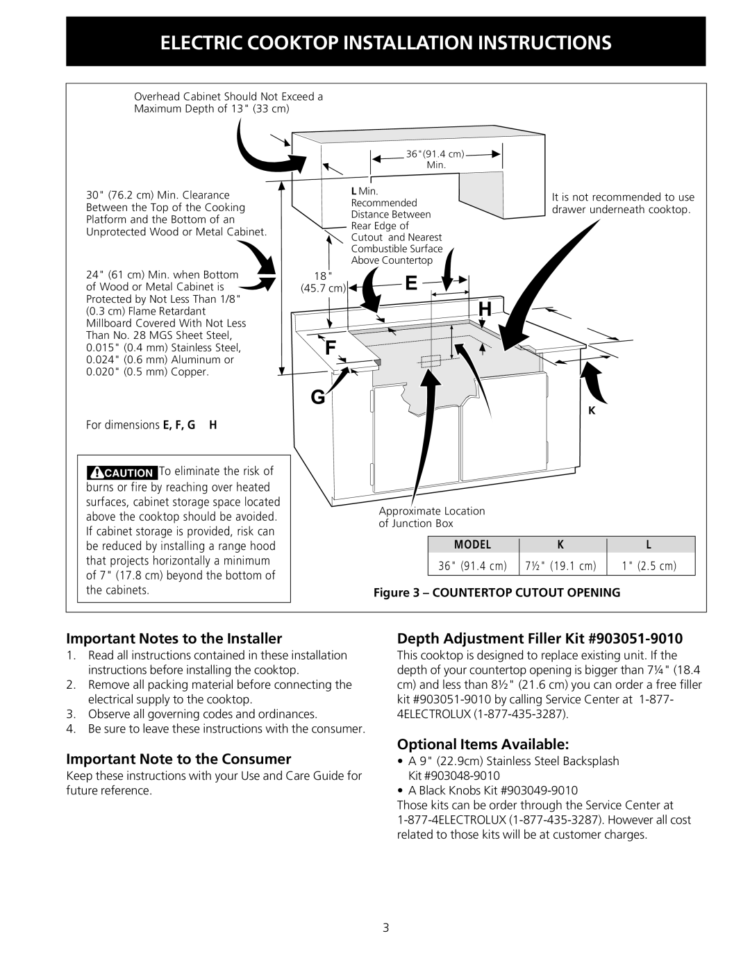 Electrolux 36 (91.4 cm) Important Notes to the Installer, Important Note to the Consumer, Optional Items Available, Model 