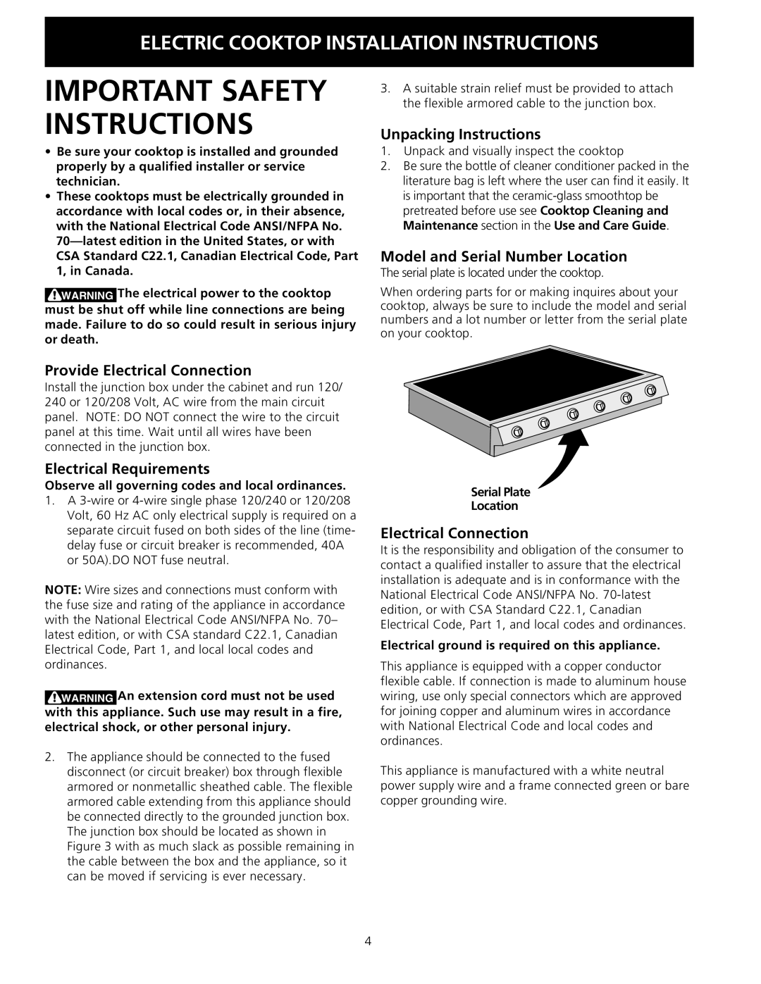 Electrolux 36 (91.4 cm) Unpacking Instructions, Model and Serial Number Location, Provide Electrical Connection 