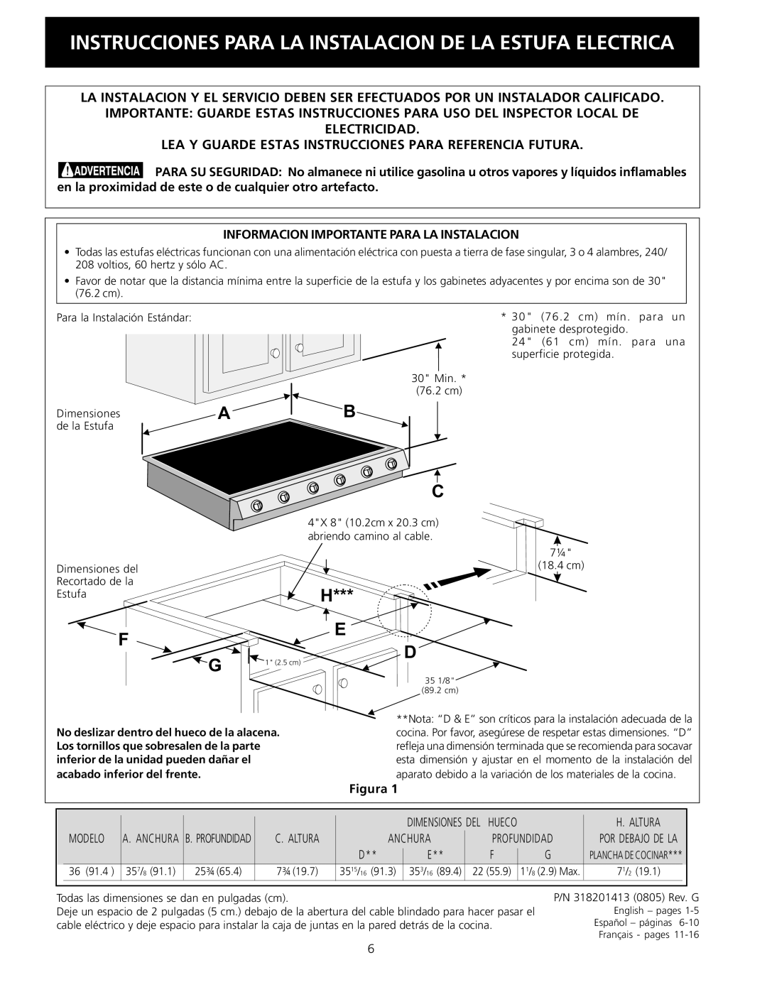 Electrolux 36 (91.4 cm) installation instructions Instrucciones Para LA Instalacion DE LA Estufa Electrica 