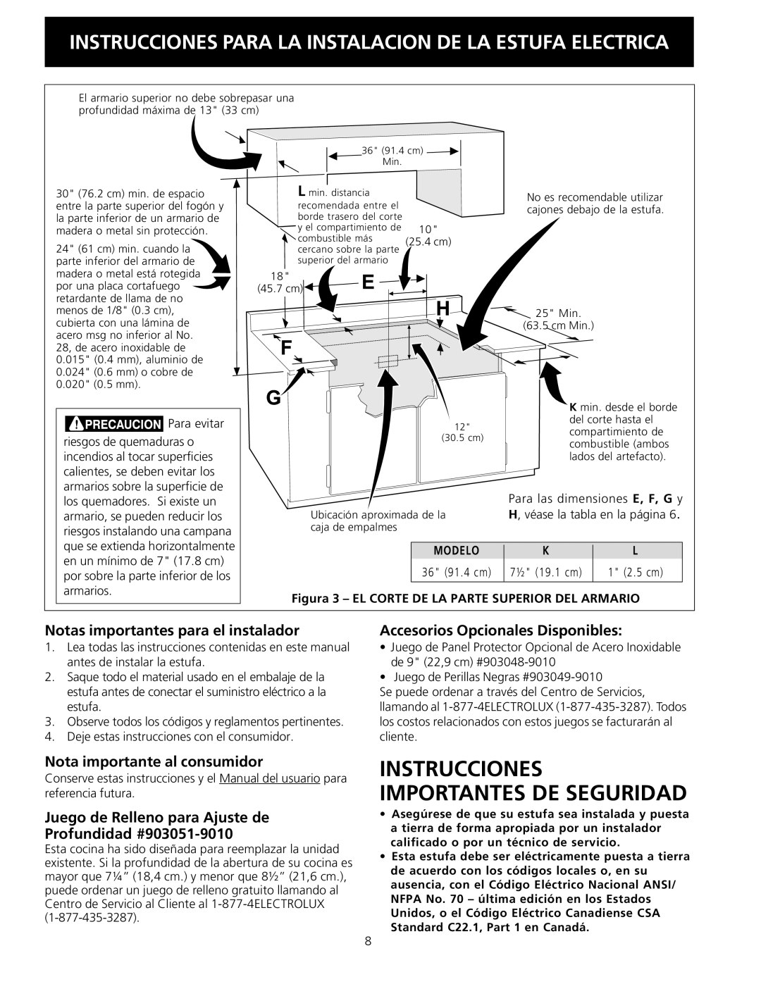 Electrolux 36 (91.4 cm) Notas importantes para el instalador, Nota importante al consumidor, Modelo 