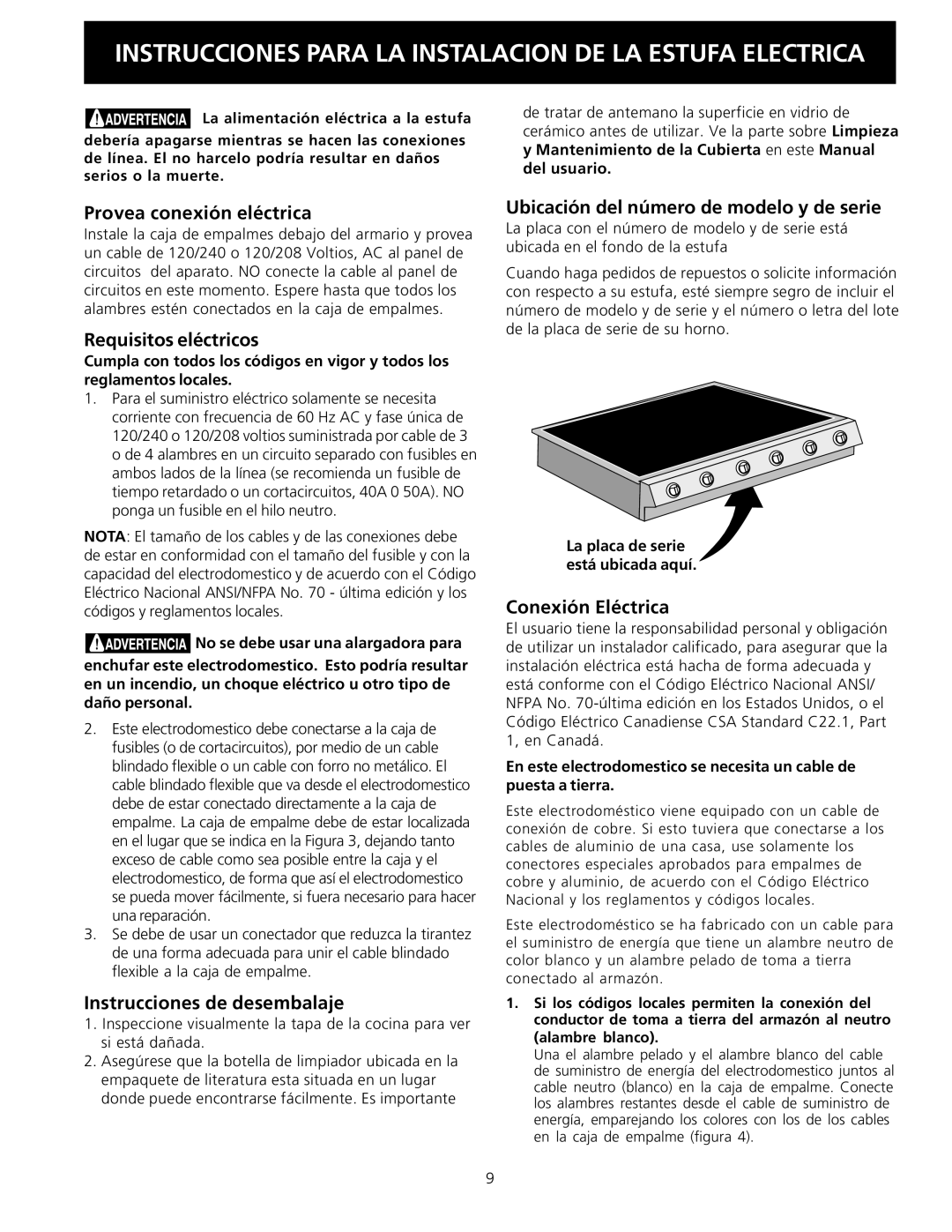 Electrolux 36 (91.4 cm) Provea conexión eléctrica, Requisitos eléctricos, Instrucciones de desembalaje 