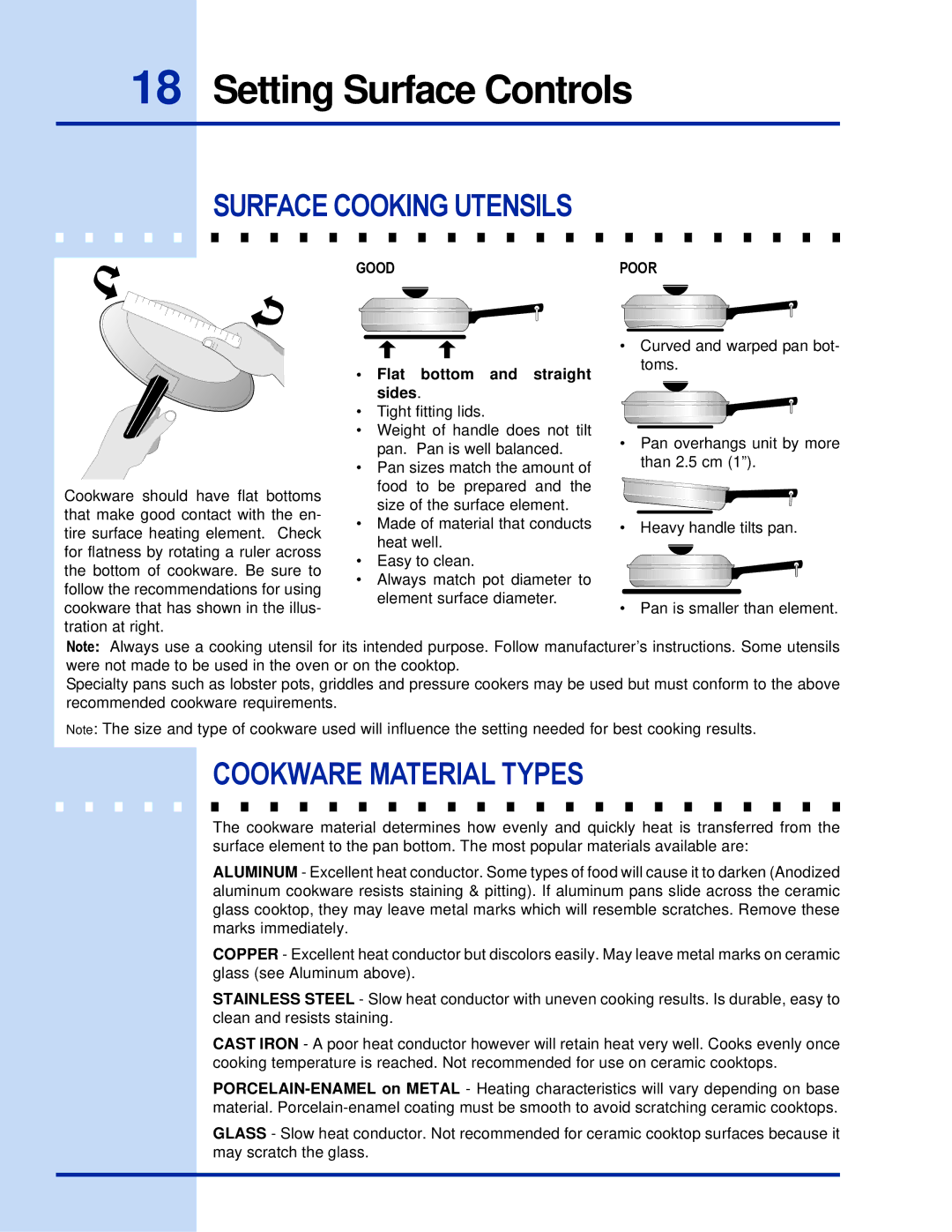 Electrolux 36 manual Surface Cooking Utensils, Cookware Material Types, Flat Bottom Straight, Sides 