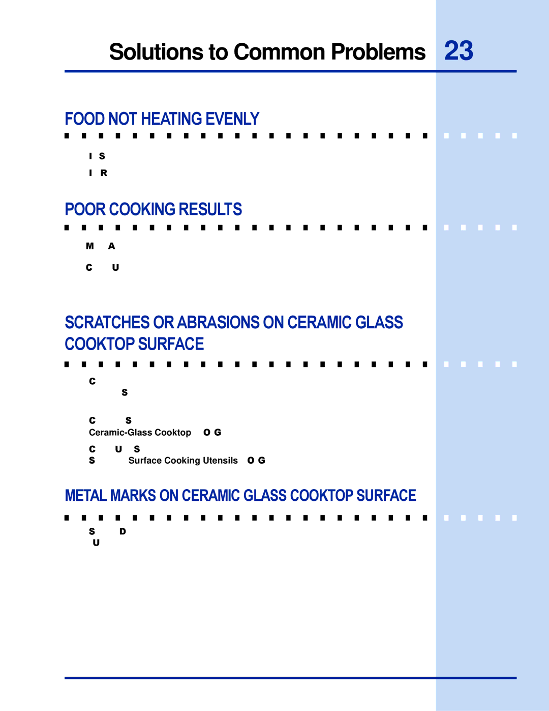 Electrolux 36 manual Food not Heating Evenly, Poor Cooking Results, Metal Marks on Ceramic Glass Cooktop Surface 