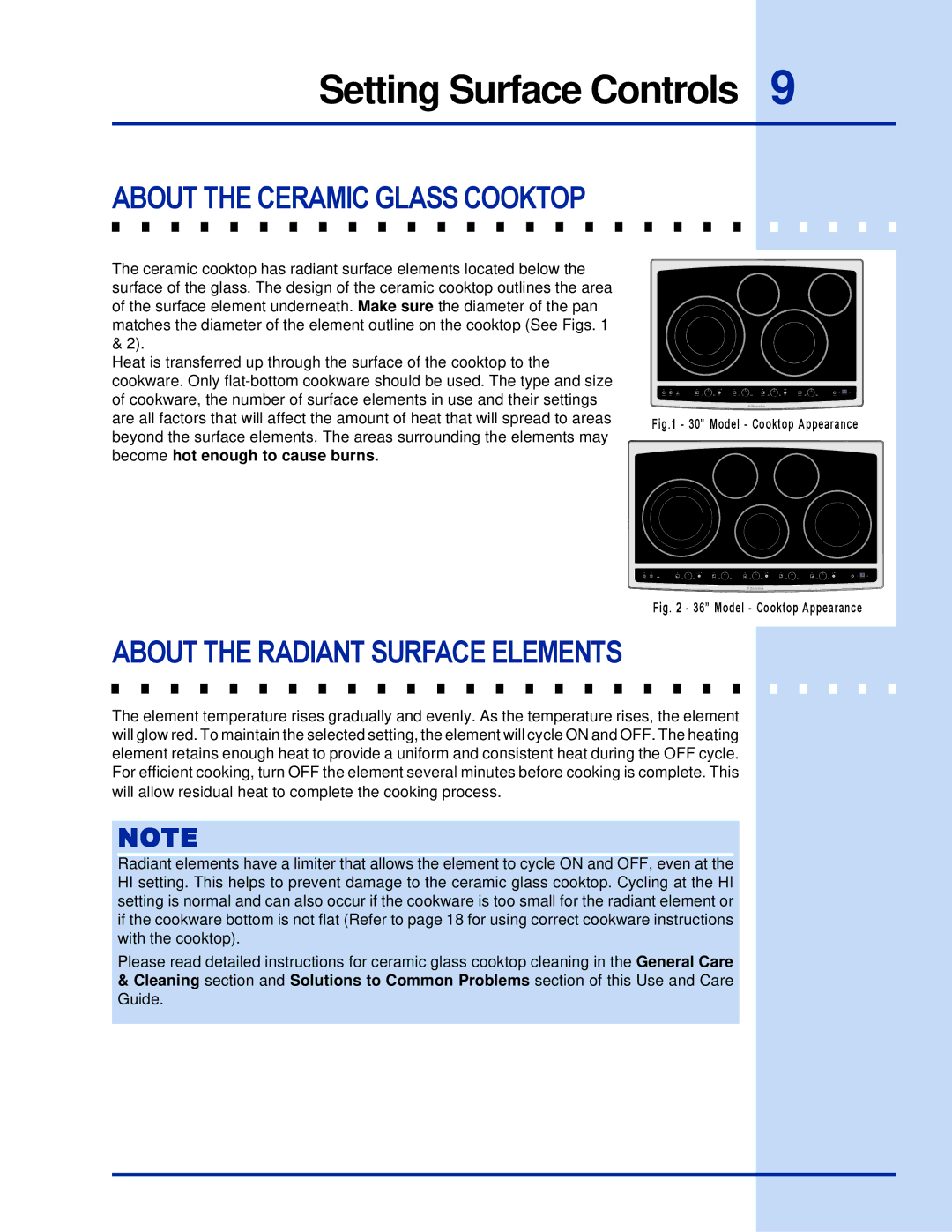 Electrolux 36 manual Setting Surface Controls, About the Ceramic Glass Cooktop 