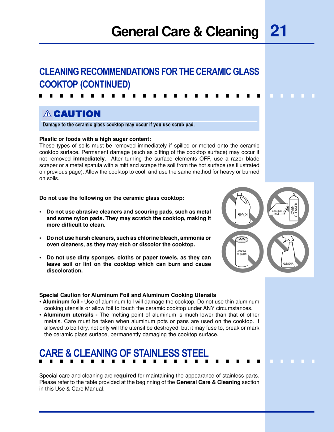 Electrolux 36 manual Care & Cleaning Of Stainless Steel, Cleaning Recommendations For The Ceramic Glass Cooktop Continued 