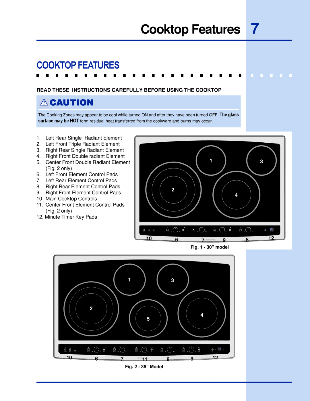 Electrolux 36 manual Cooktop Features 