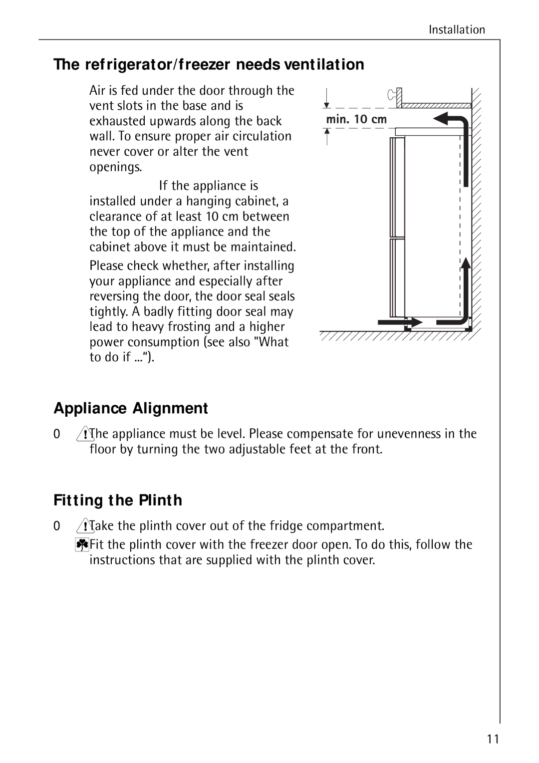 Electrolux 3798-6 KG, 3791-6 KG manual Refrigerator/freezer needs ventilation, Appliance Alignment, Fitting the Plinth 