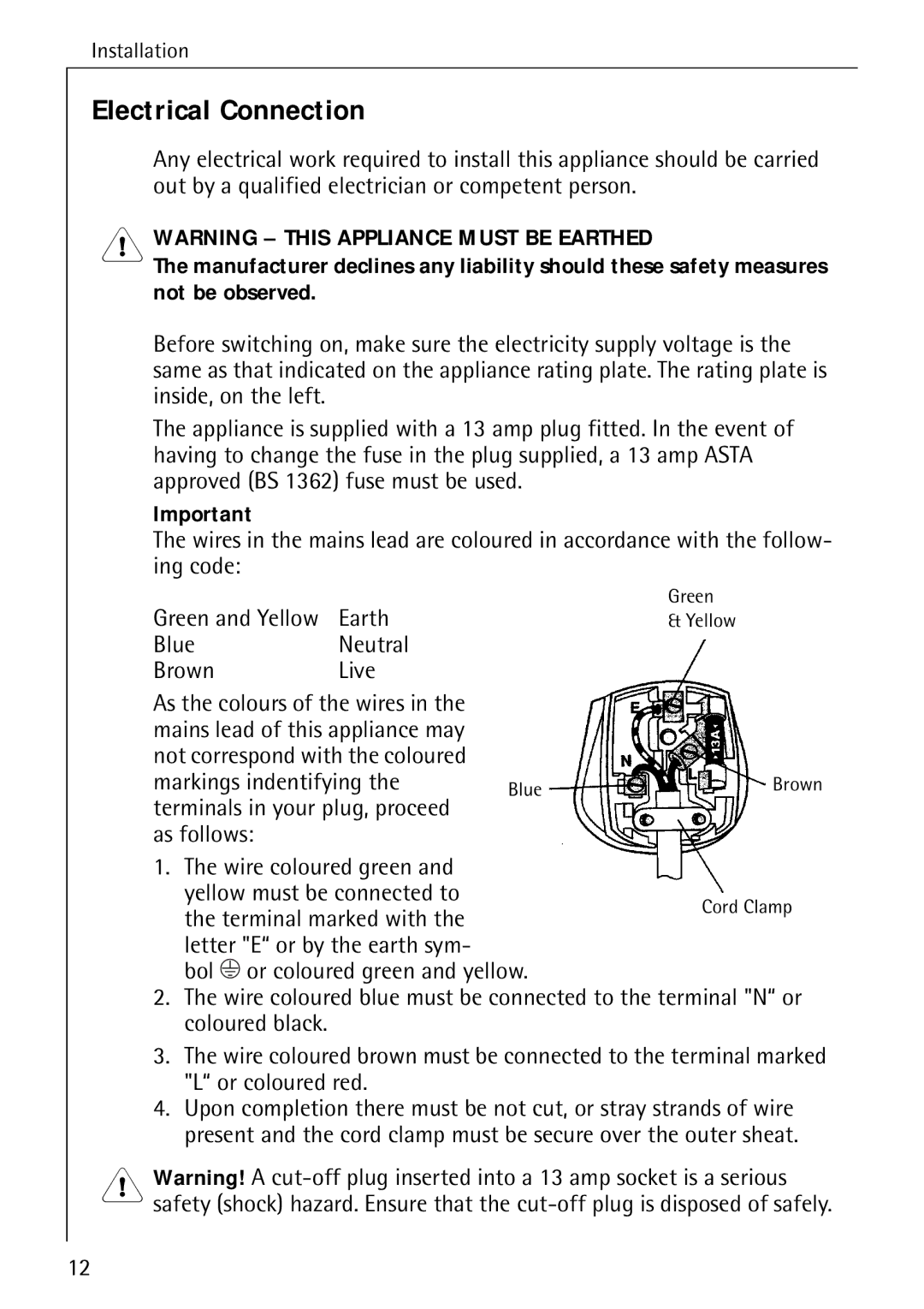 Electrolux 3791-6 KG, 3798-6 KG manual Electrical Connection 