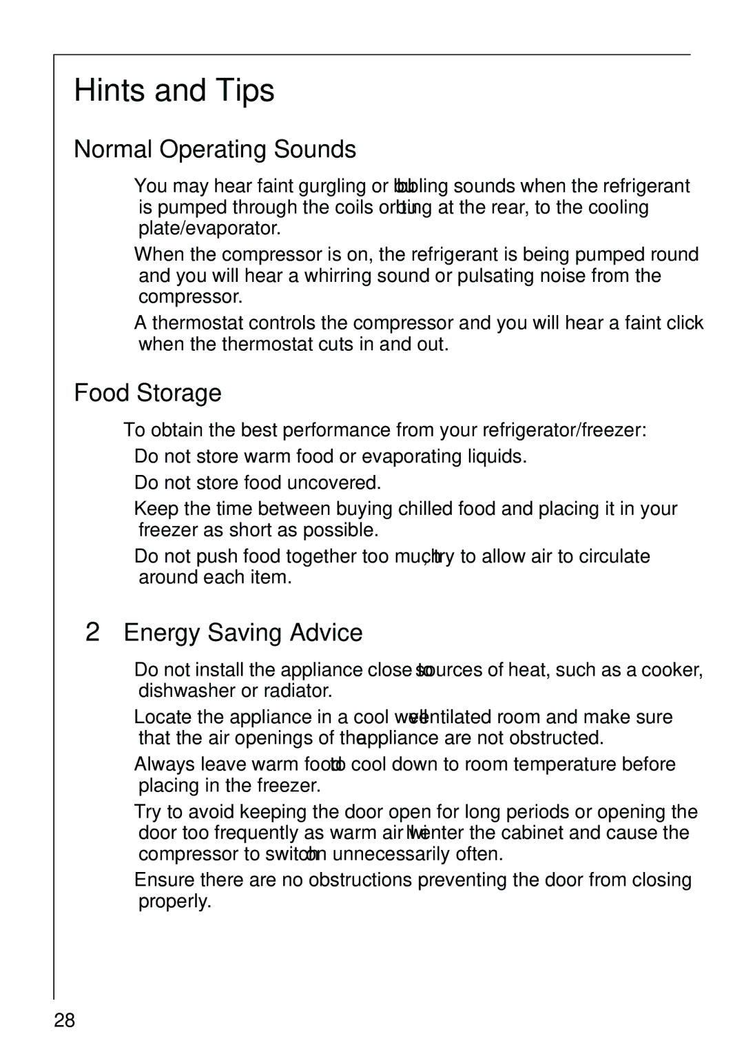 Electrolux 3791-6 KG, 3798-6 KG manual Hints and Tips, Normal Operating Sounds, Food Storage, Energy Saving Advice 