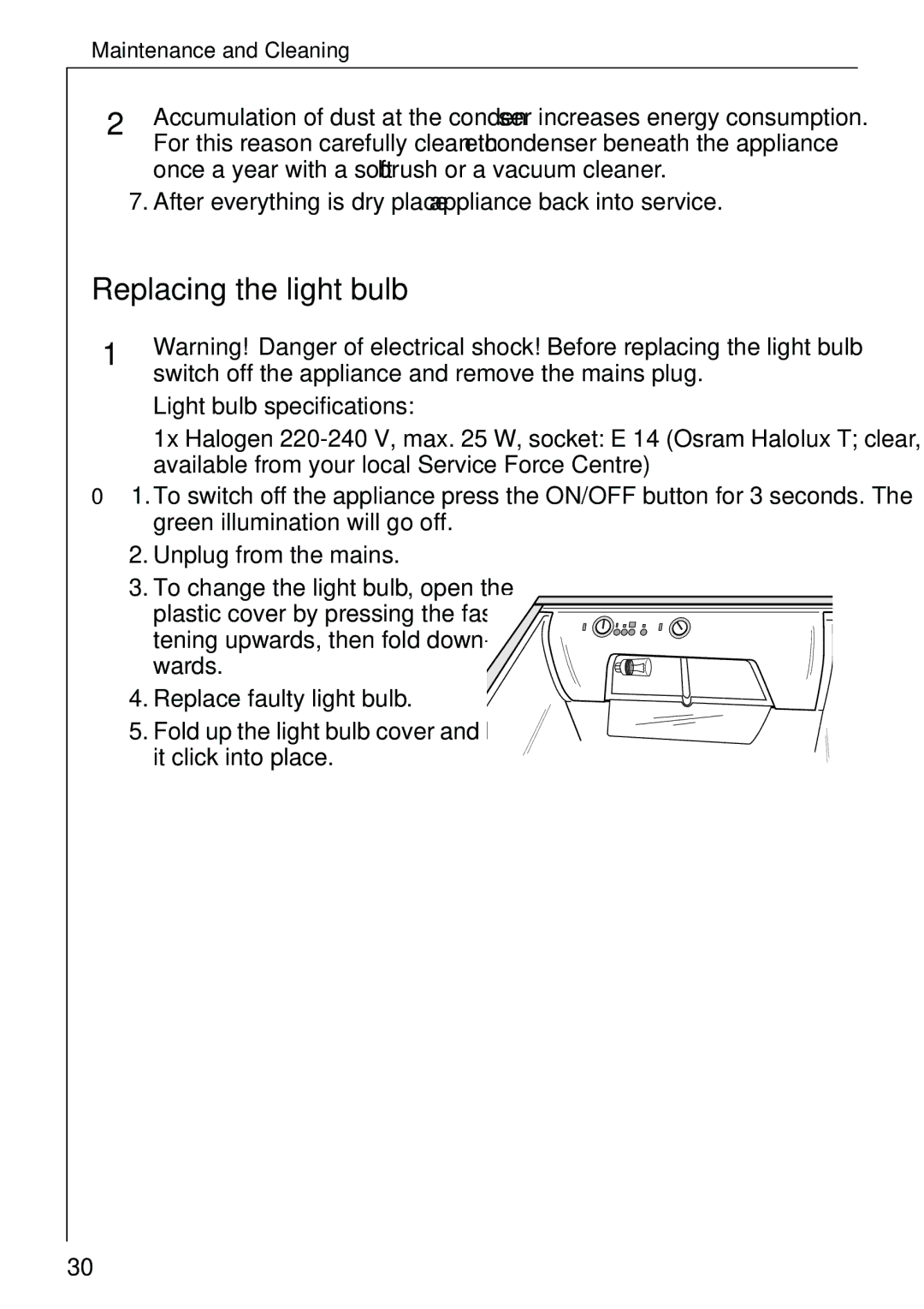 Electrolux 3791-6 KG, 3798-6 KG manual Replacing the light bulb 