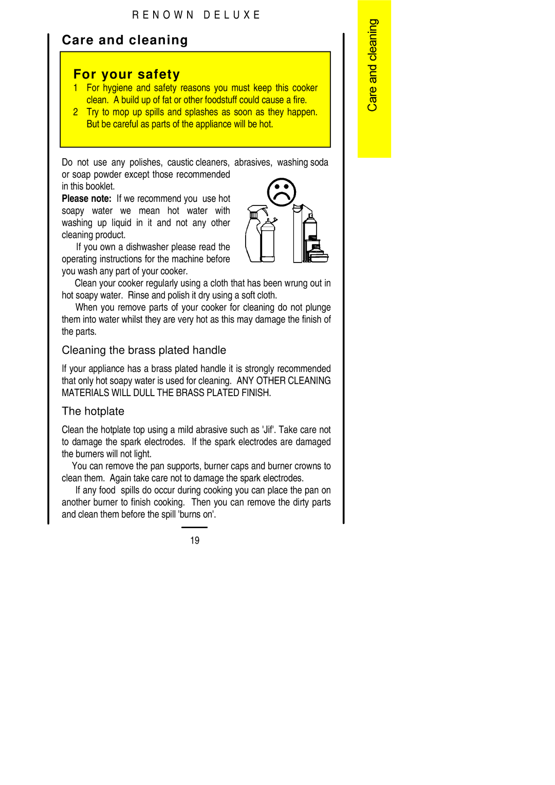 Electrolux 90EEC, 396EEC Care and cleaning For your safety, Cleaning the brass plated handle, Hotplate 