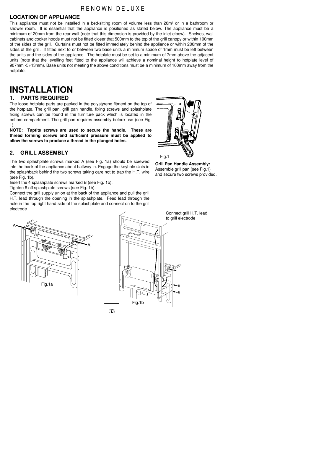 Electrolux 90EEC, 396EEC installation instructions Location of Appliance, Parts Required, Grill Assembly 