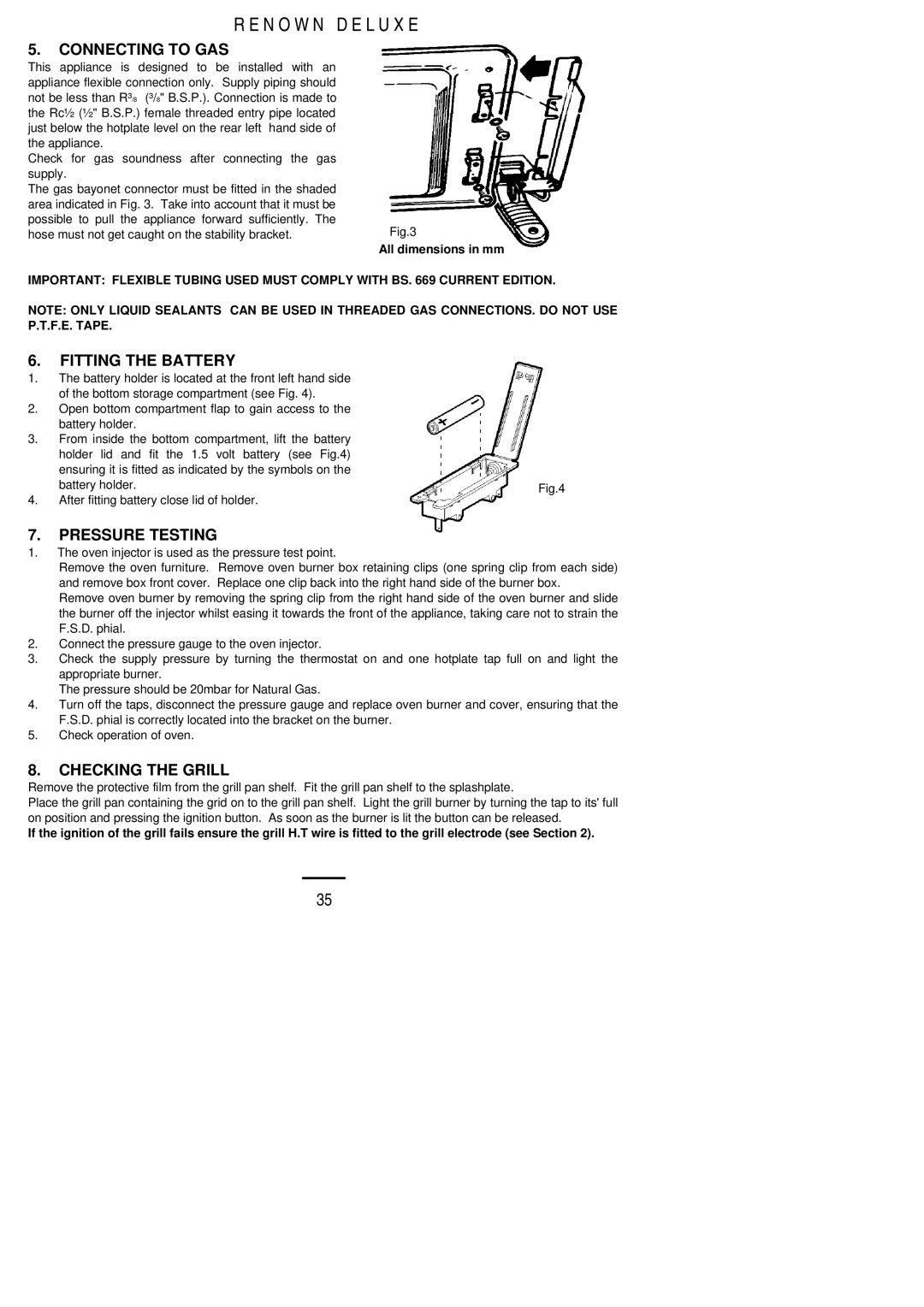 Electrolux 90EEC, 396EEC Connecting to GAS, Fitting the Battery, Pressure Testing, Checking the Grill 