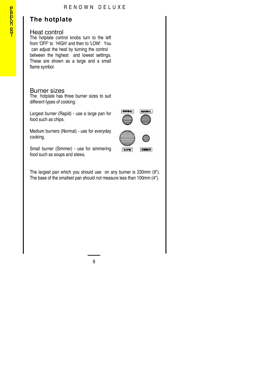 Electrolux 90EEC, 396EEC installation instructions Hotplate, Burner sizes 