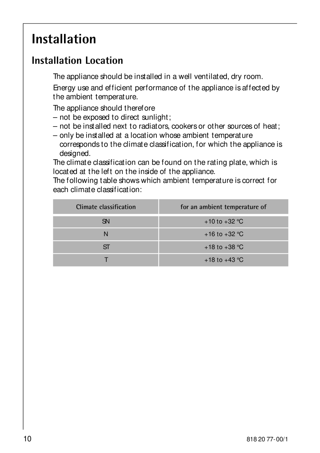 Electrolux 3985-7 KG manual Installation Location 