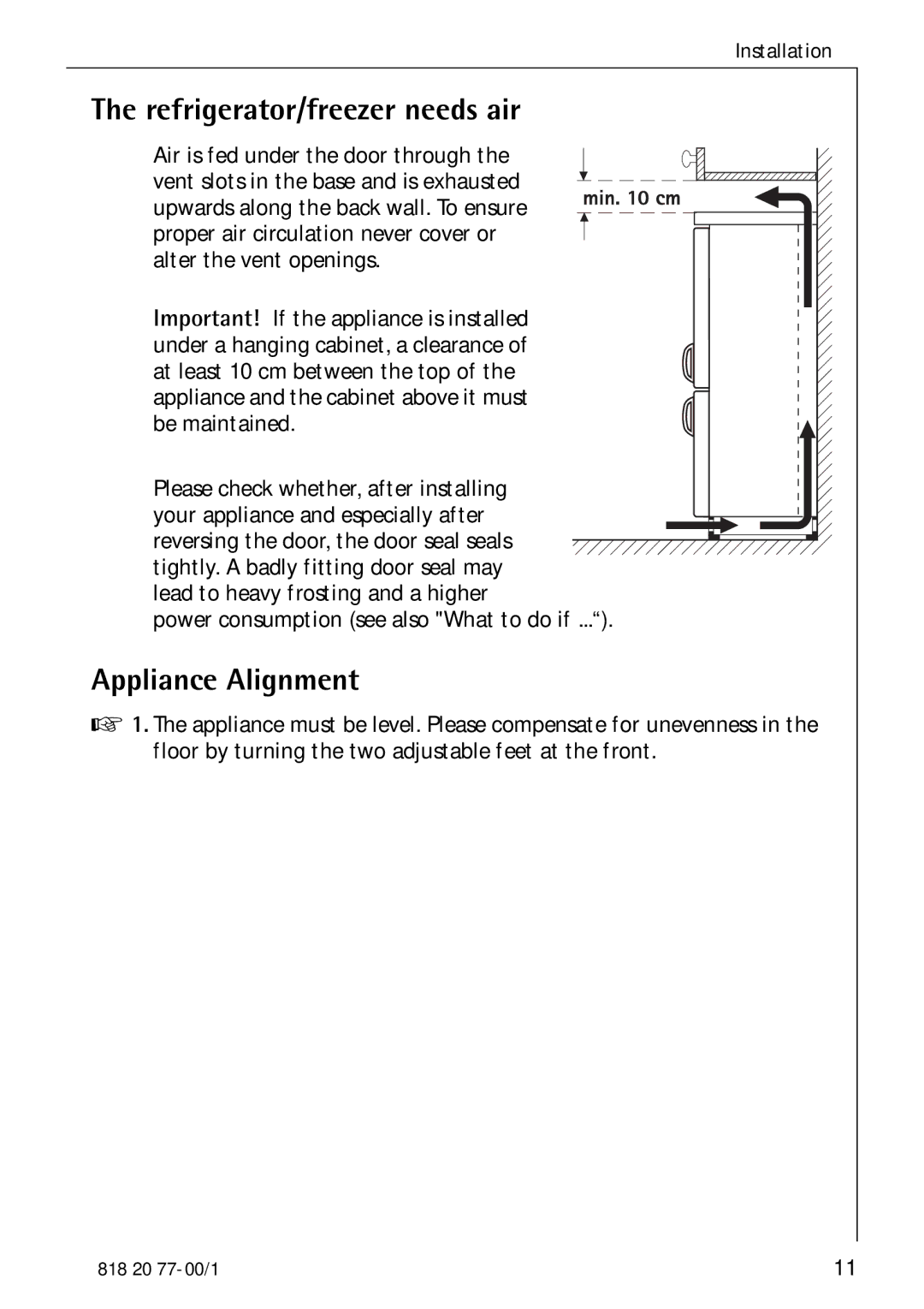 Electrolux 3985-7 KG manual Refrigerator/freezer needs air, Appliance Alignment 