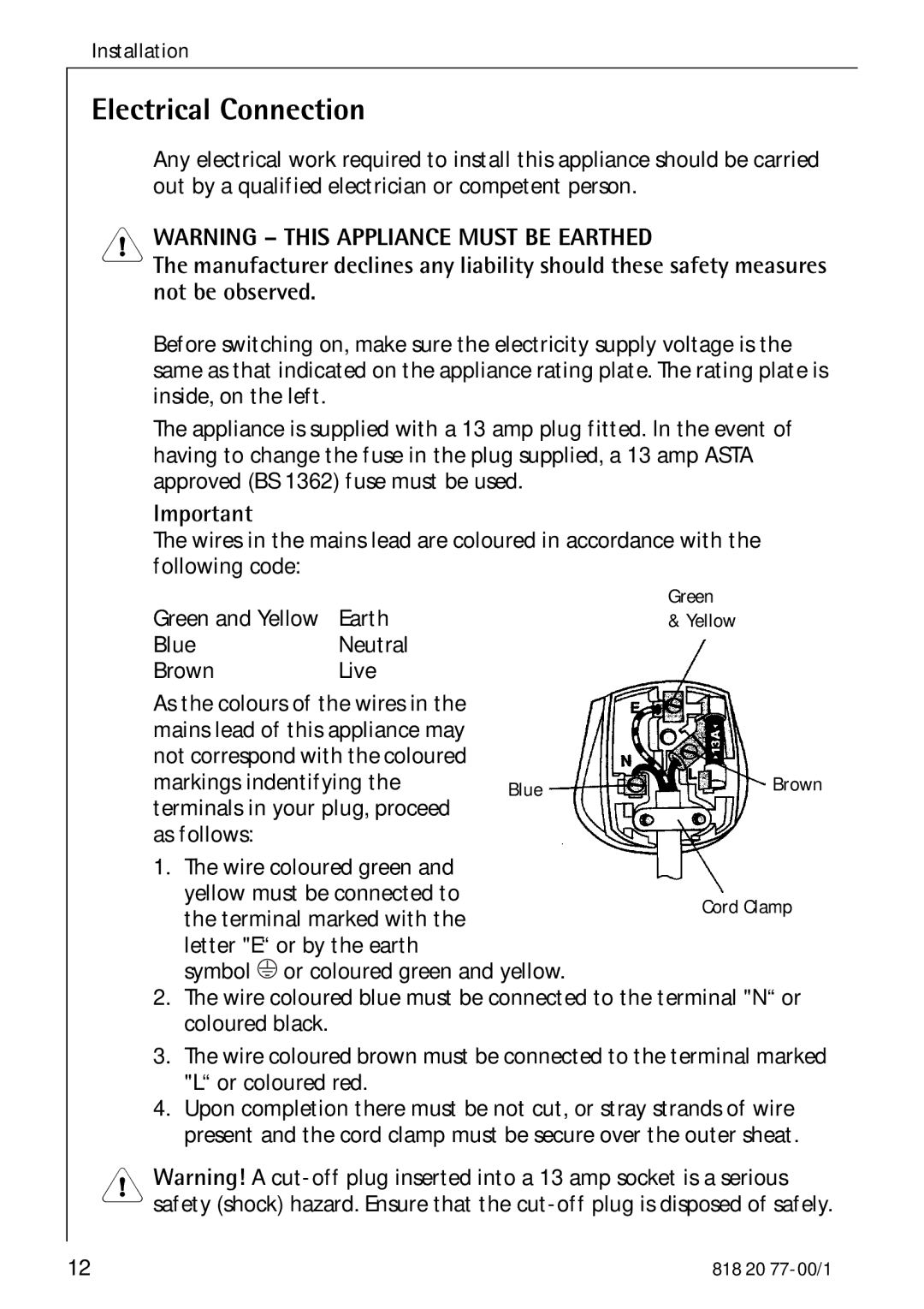 Electrolux 3985-7 KG manual Electrical Connection 