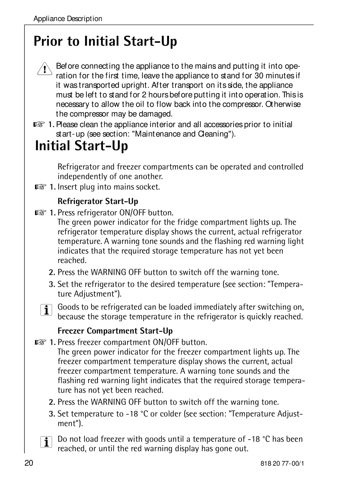 Electrolux 3985-7 KG manual Prior to Initial Start-Up, Refrigerator Start-Up, Freezer Compartment Start-Up 