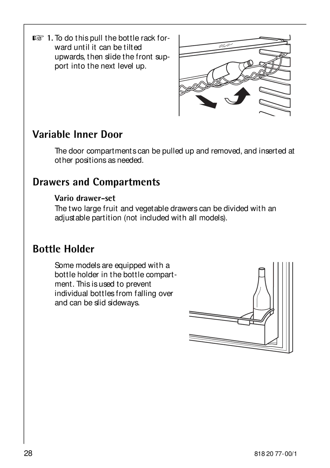 Electrolux 3985-7 KG manual Variable Inner Door, Drawers and Compartments, Bottle Holder, Vario drawer-set 