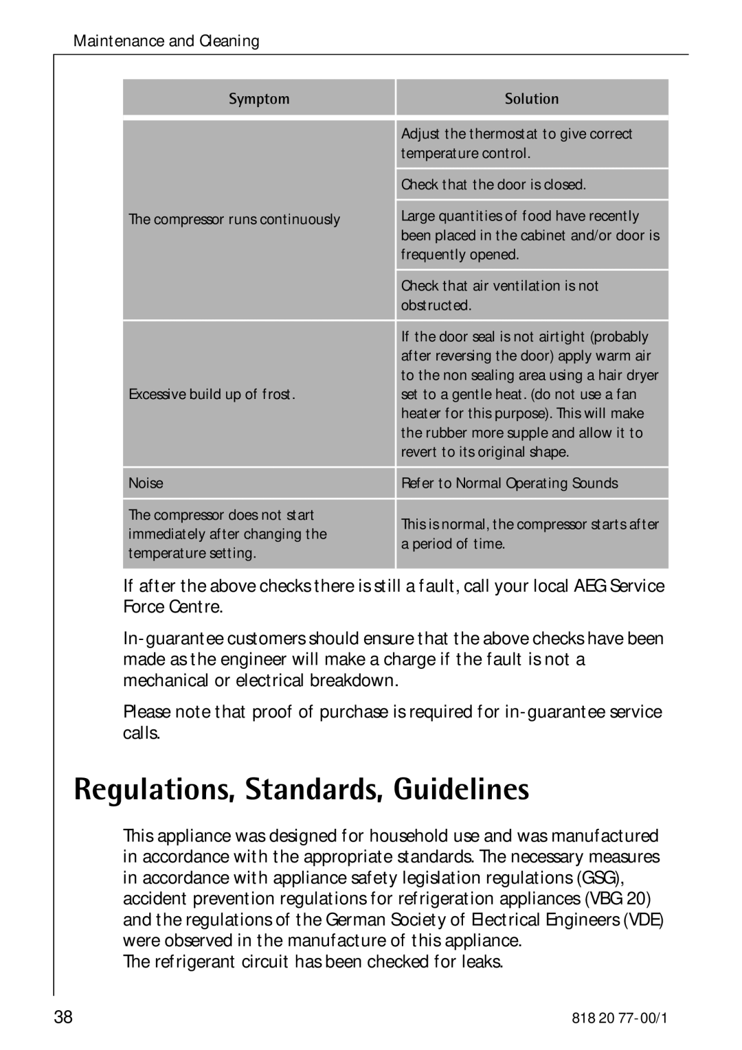 Electrolux 3985-7 KG manual Regulations, Standards, Guidelines, Maintenance and Cleaning 