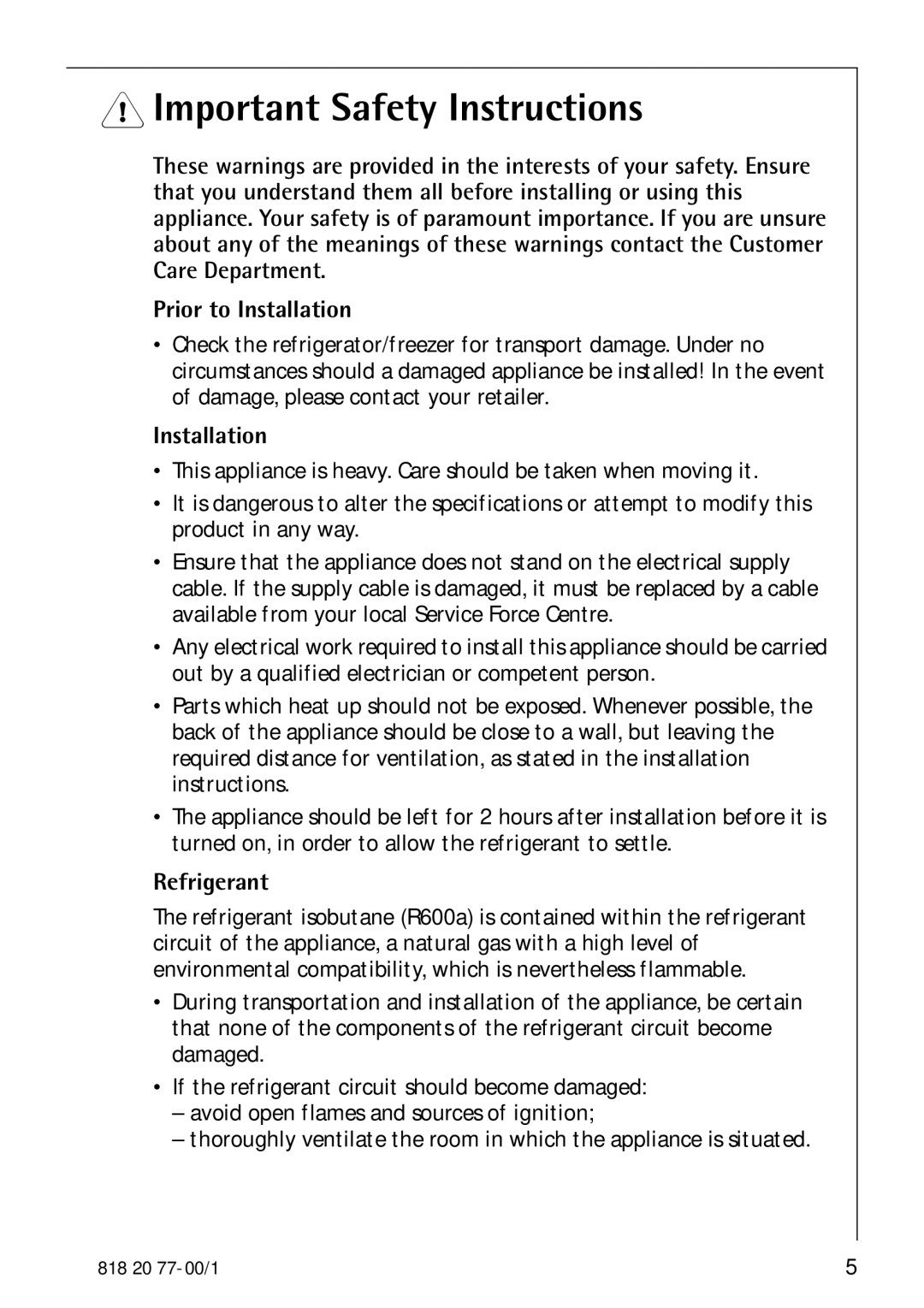 Electrolux 3985-7 KG manual Important Safety Instructions, Prior to Installation, Refrigerant 