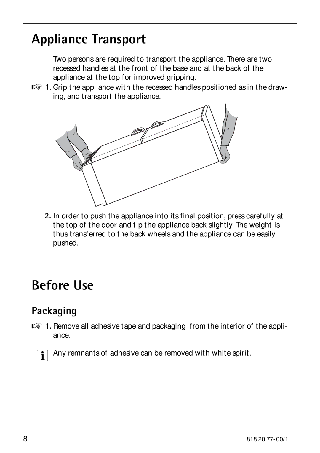 Electrolux 3985-7 KG manual Appliance Transport, Before Use 