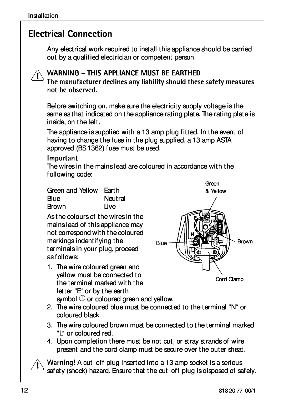Electrolux 3985-7 KG manual Electrical Connection, Warning - This Appliance Must Be Earthed 