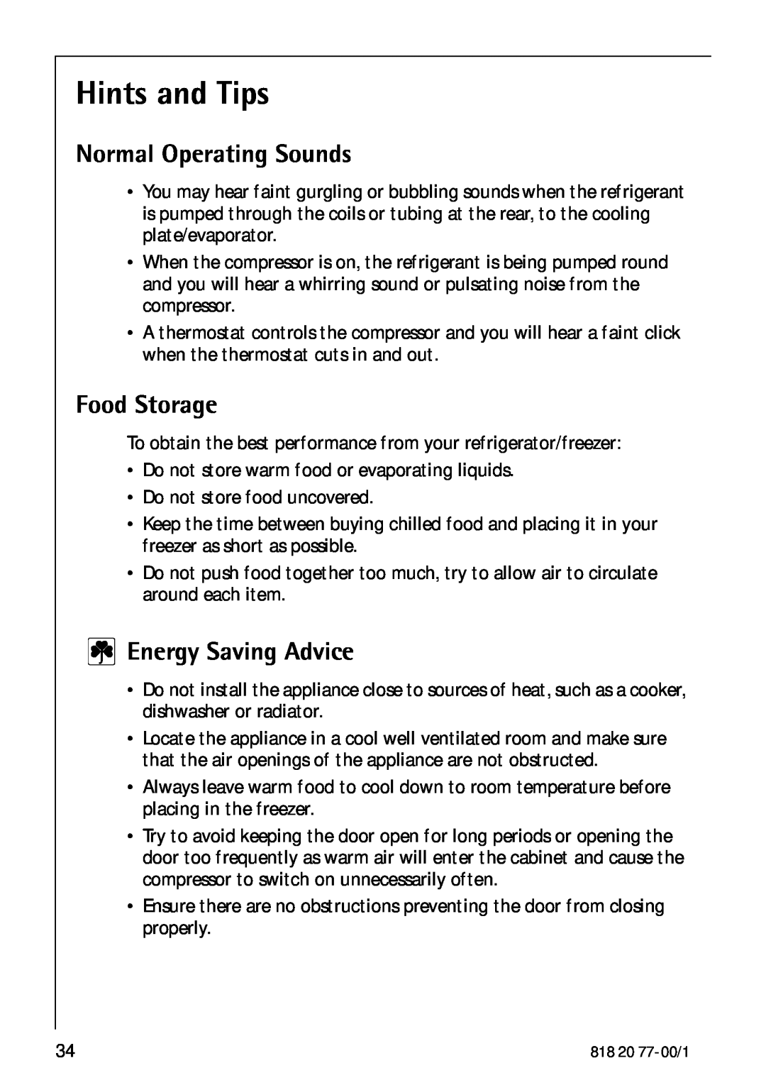 Electrolux 3985-7 KG manual Hints and Tips, Normal Operating Sounds, Food Storage, Energy Saving Advice 
