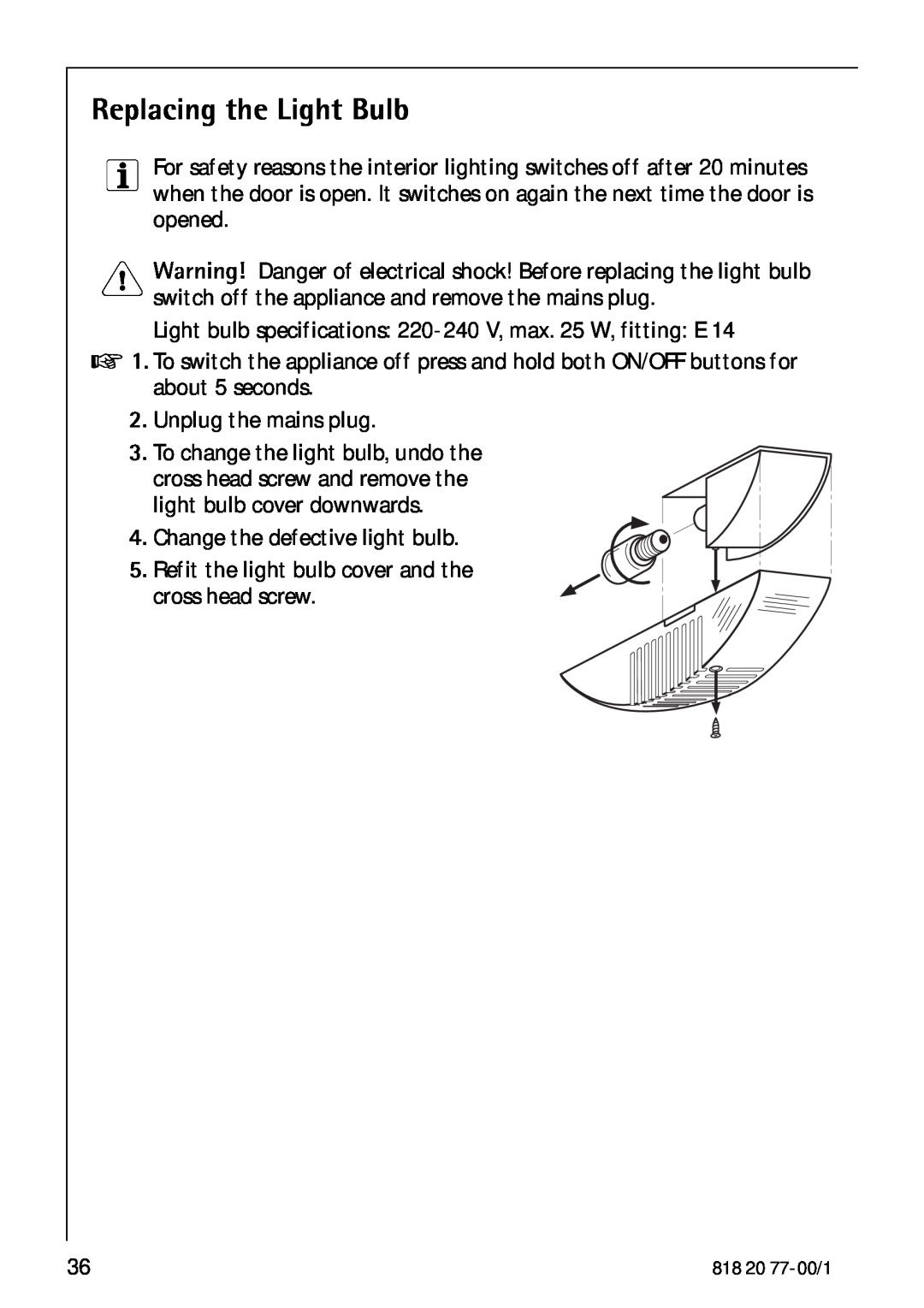 Electrolux 3985-7 KG manual Replacing the Light Bulb 