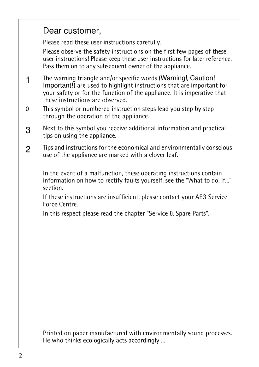 Electrolux 3A manual Dear customer, Please read these user instructions carefully, Tips on using the appliance 