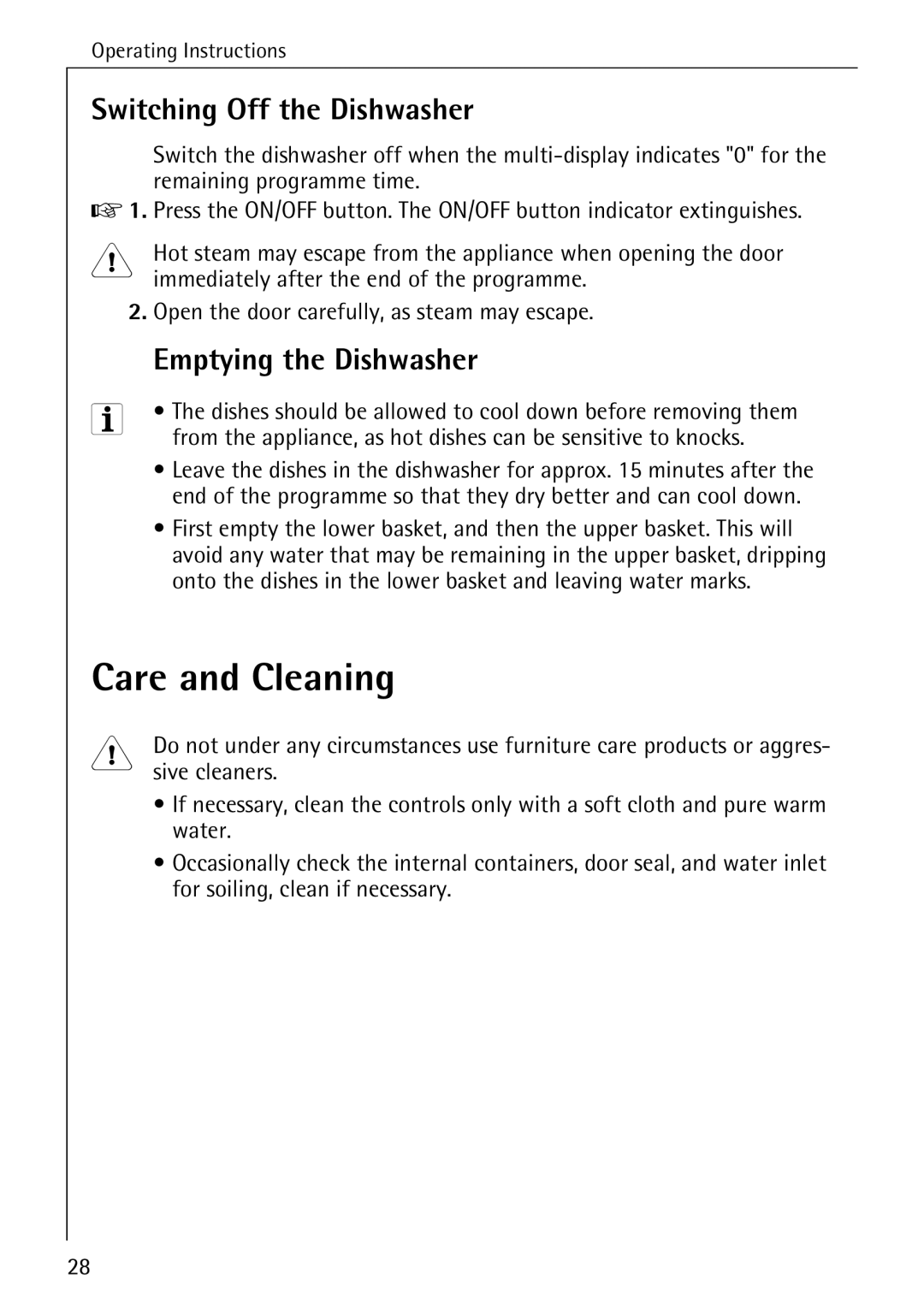 Electrolux 3A manual Care and Cleaning, Switching Off the Dishwasher, Emptying the Dishwasher 