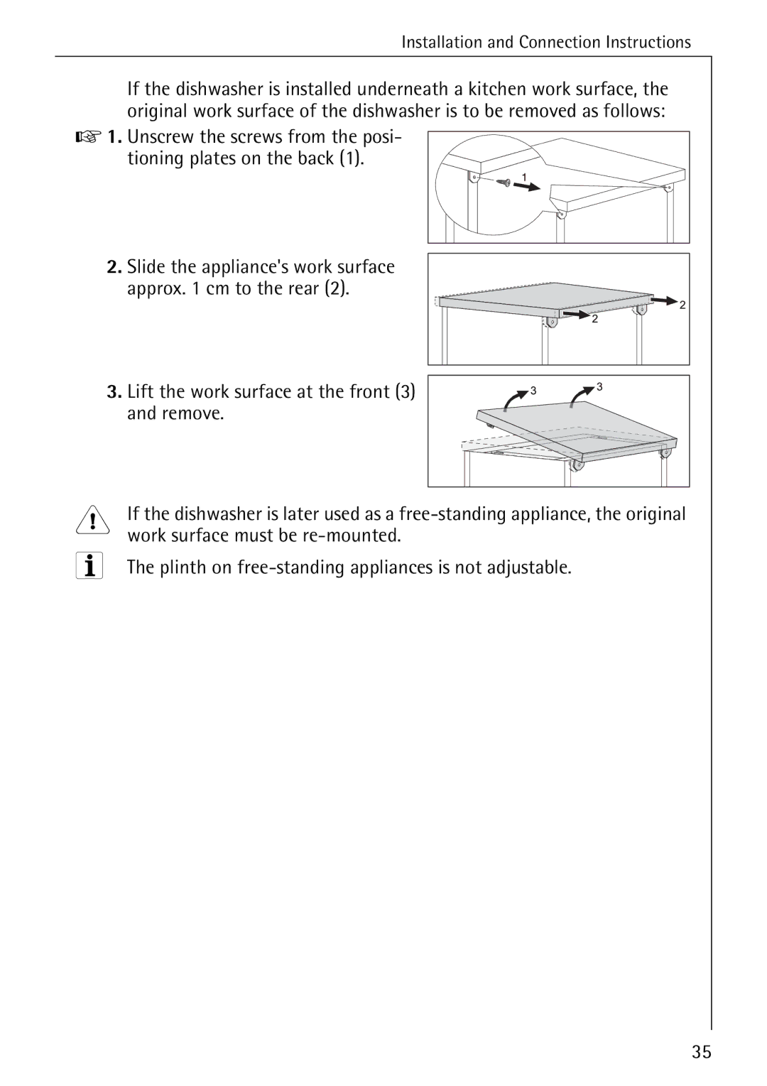 Electrolux 3A manual Work surface must be re-mounted, Plinth on free-standing appliances is not adjustable 