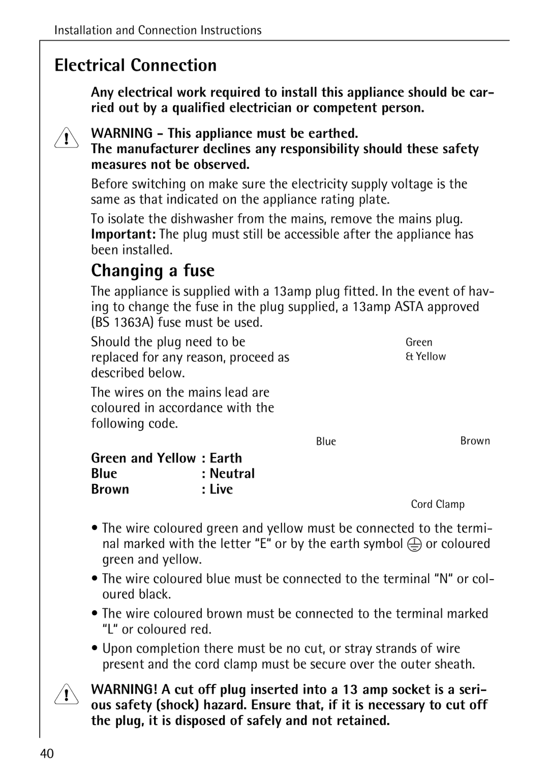 Electrolux 3A manual Electrical Connection, Changing a fuse 