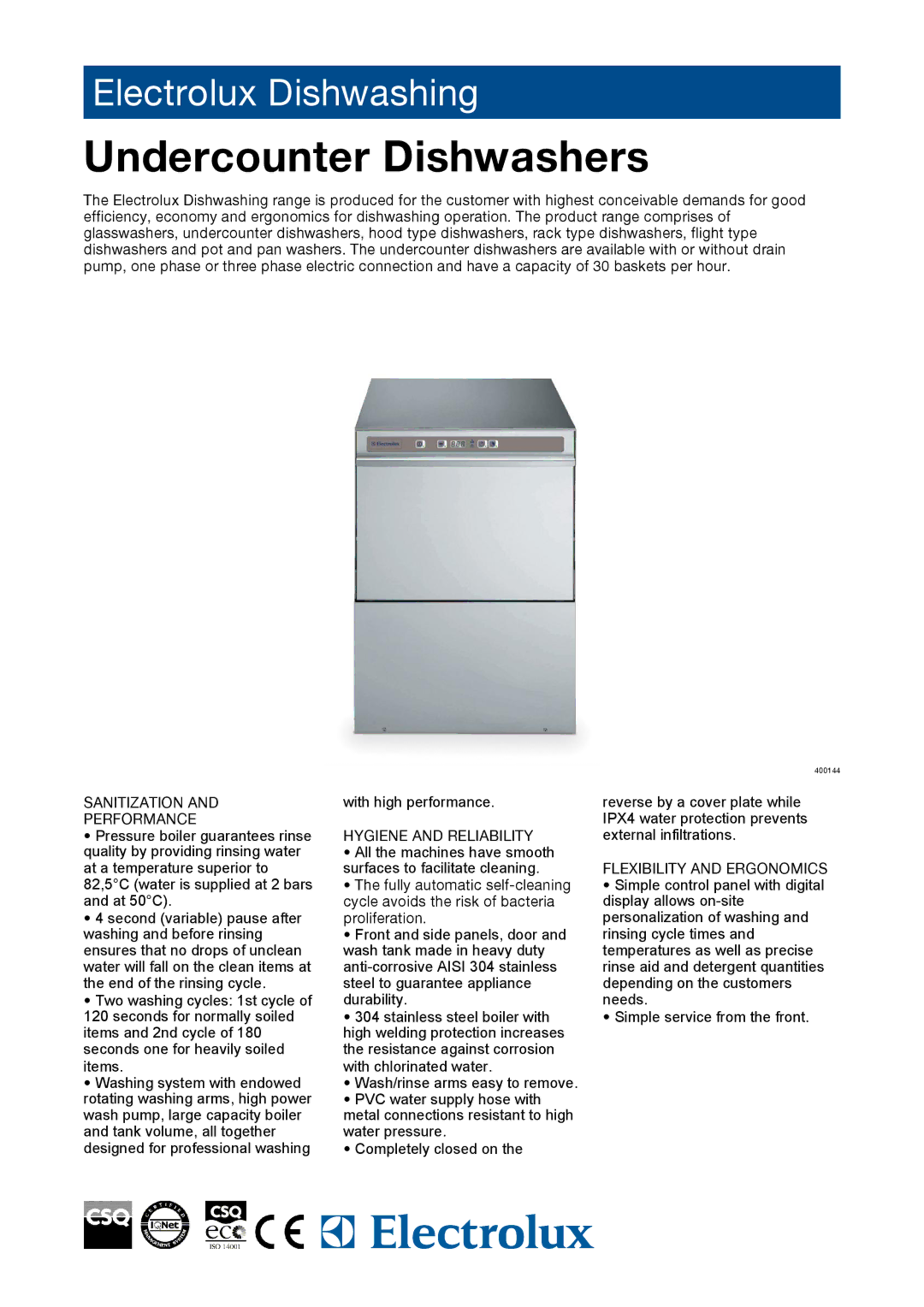 Electrolux 400144 manual Undercounter Dishwashers, Sanitization Performance, Hygiene and Reliability 