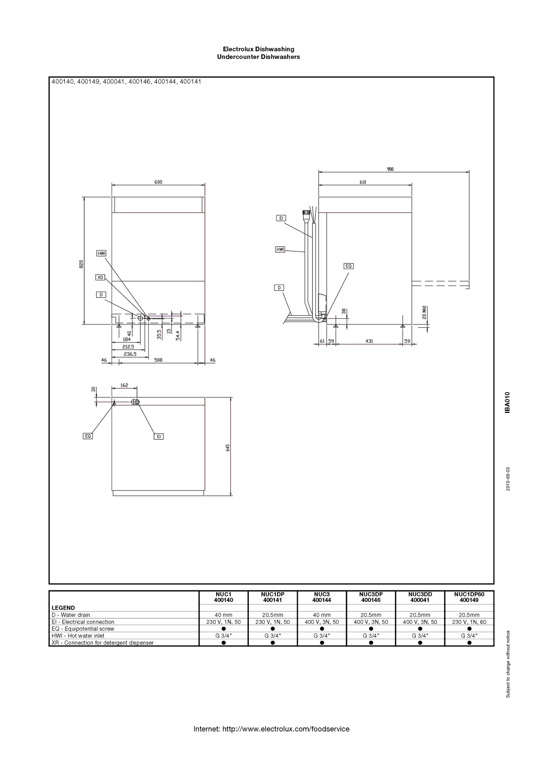 Electrolux manual 400140, 400149, 400041, 400146, 400144, IBA010 