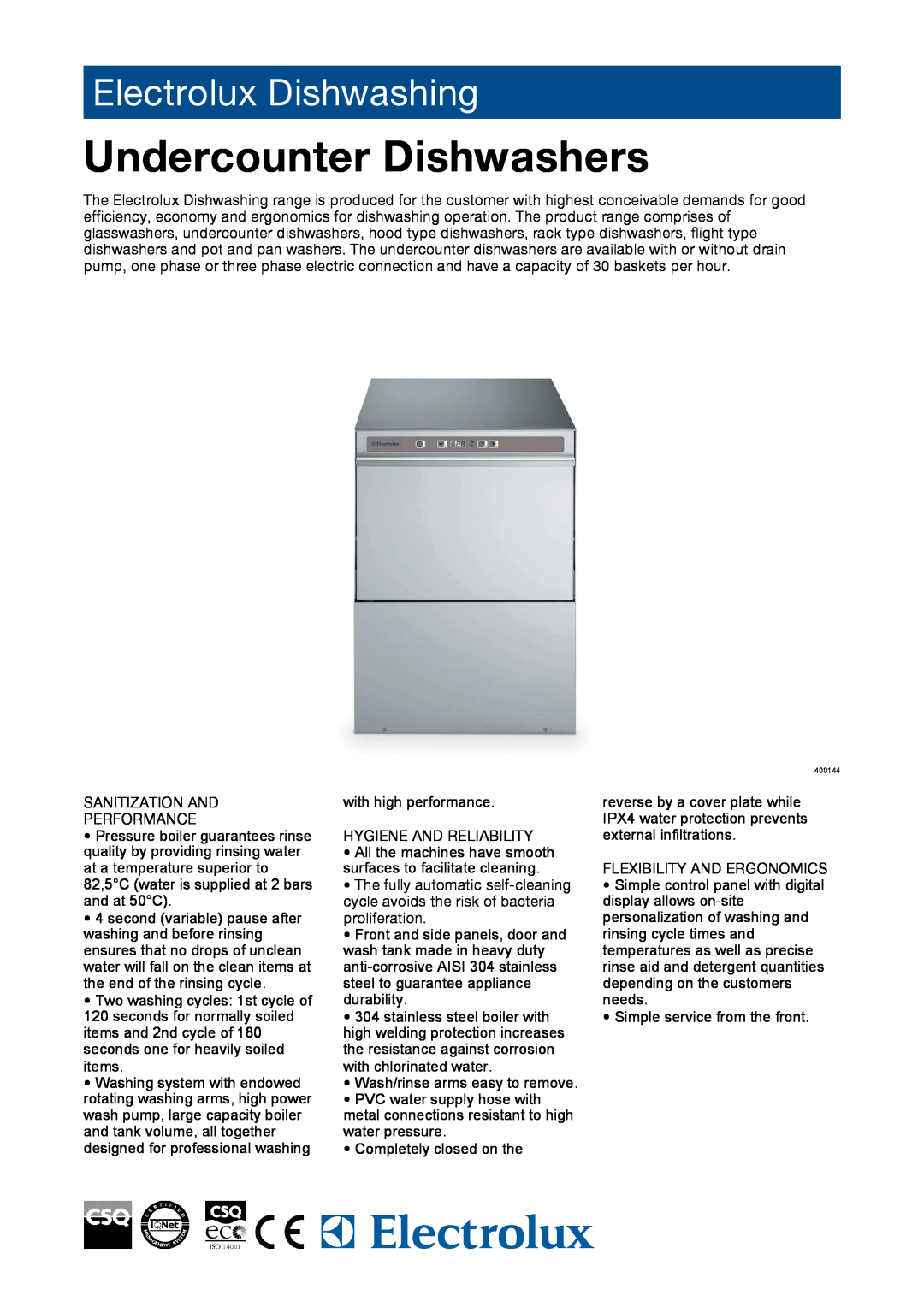 Electrolux 400144 manual Undercounter Dishwashers, Electrolux Dishwashing 