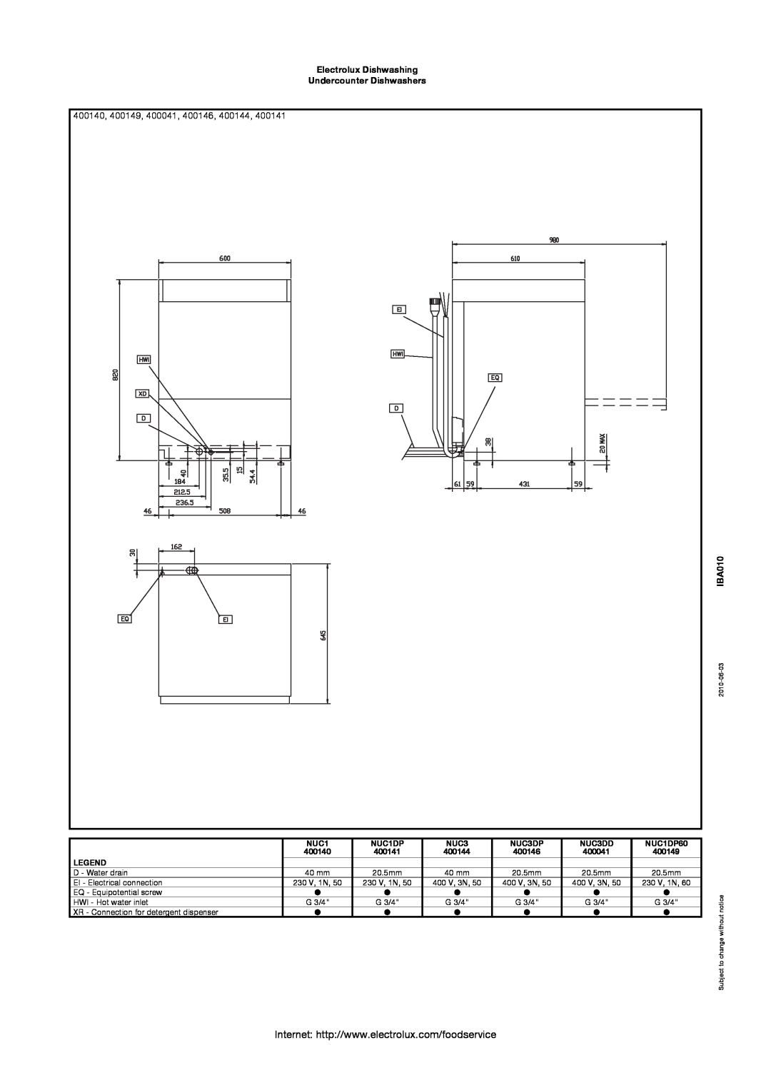 Electrolux 400140, 400149, 400041, 400146, 400144, Electrolux Dishwashing Undercounter Dishwashers, IBA010, 2010-06-03 