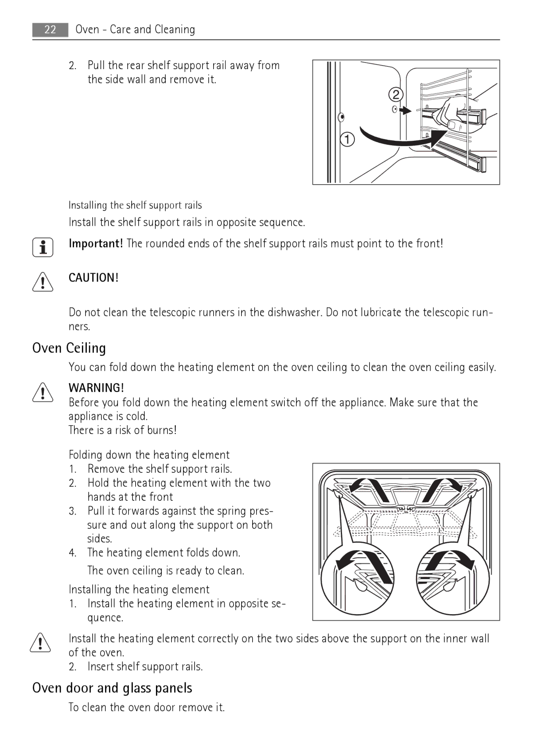 Electrolux 40036VI-WN user manual Oven Ceiling, Oven door and glass panels, To clean the oven door remove it 