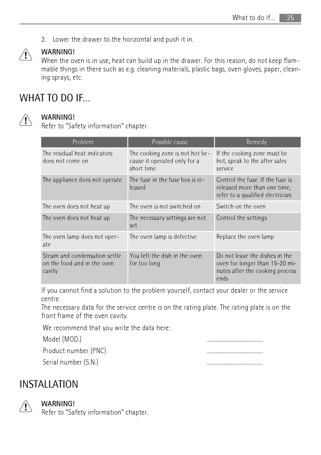 Electrolux 40036VI-WN user manual What to do IF…, Installation, Centre, Problem Possible cause Remedy 