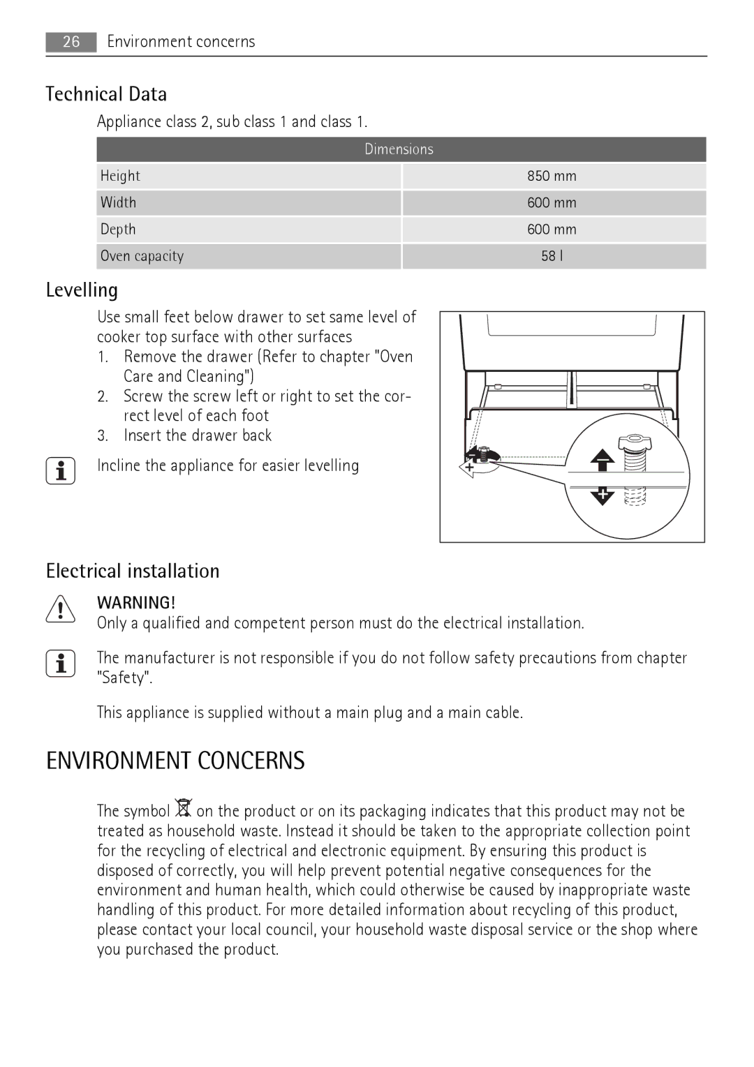 Electrolux 40036VI-WN user manual Environment Concerns, Technical Data, Electrical installation, Environment concerns 