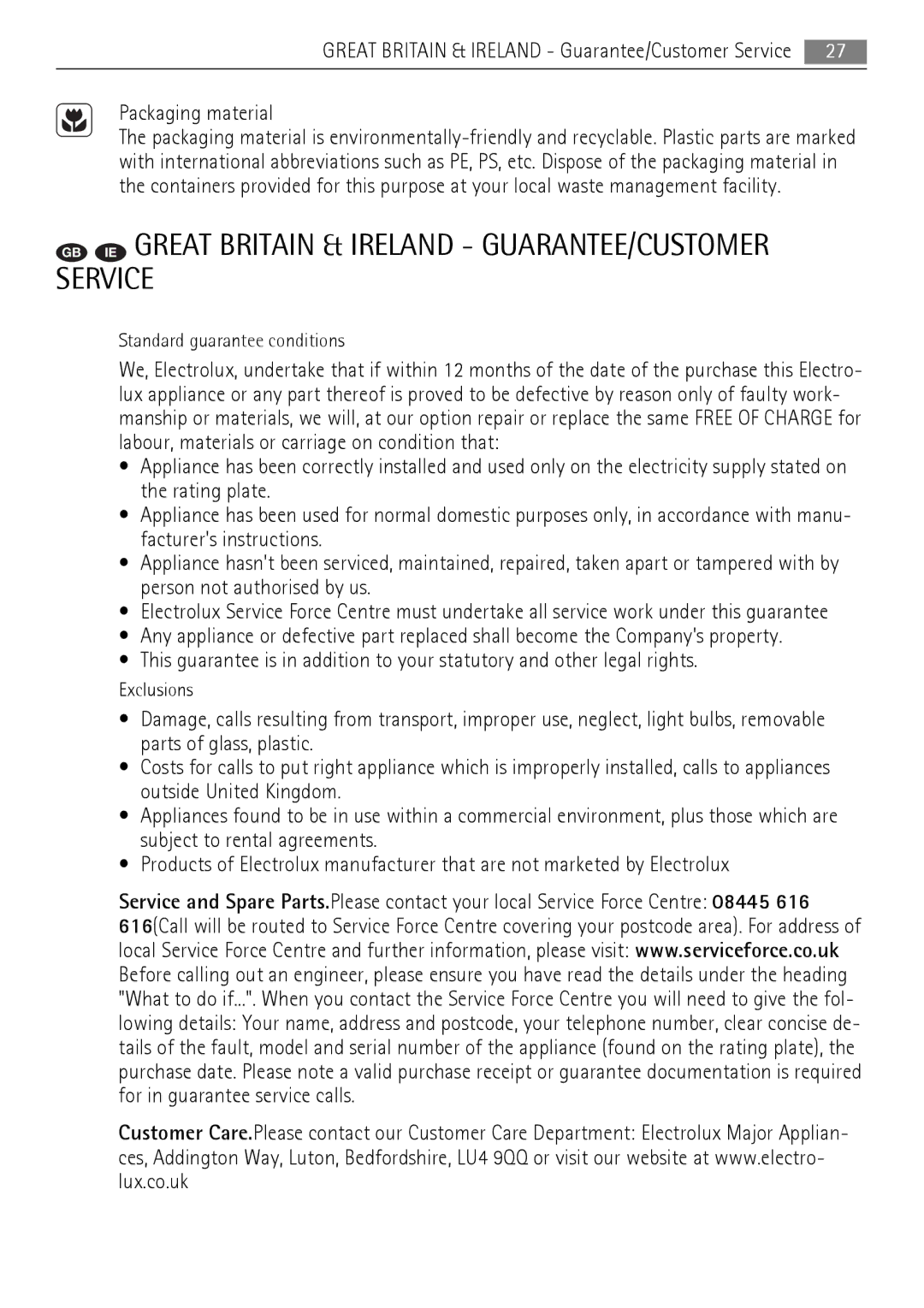 Electrolux 40036VI-WN user manual GB IE Great Britain & Ireland GUARANTEE/CUSTOMER Service, Packaging material 