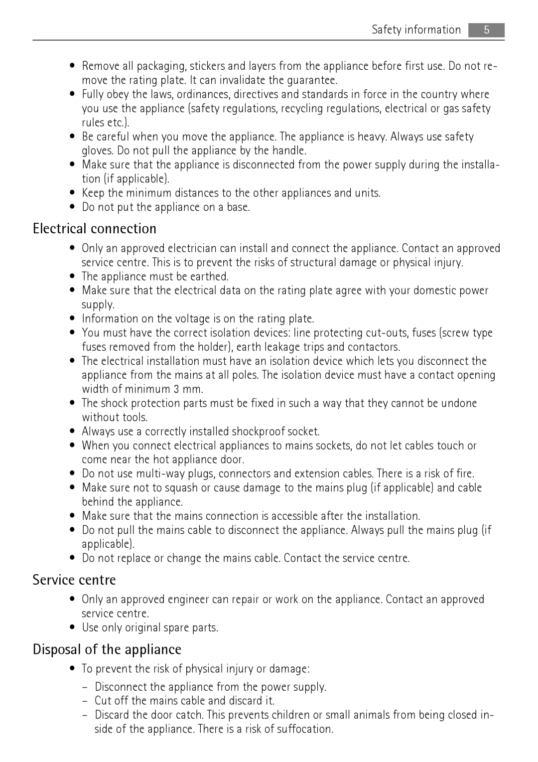 Electrolux 40036VI-WN user manual Electrical connection, Service centre, Disposal of the appliance 